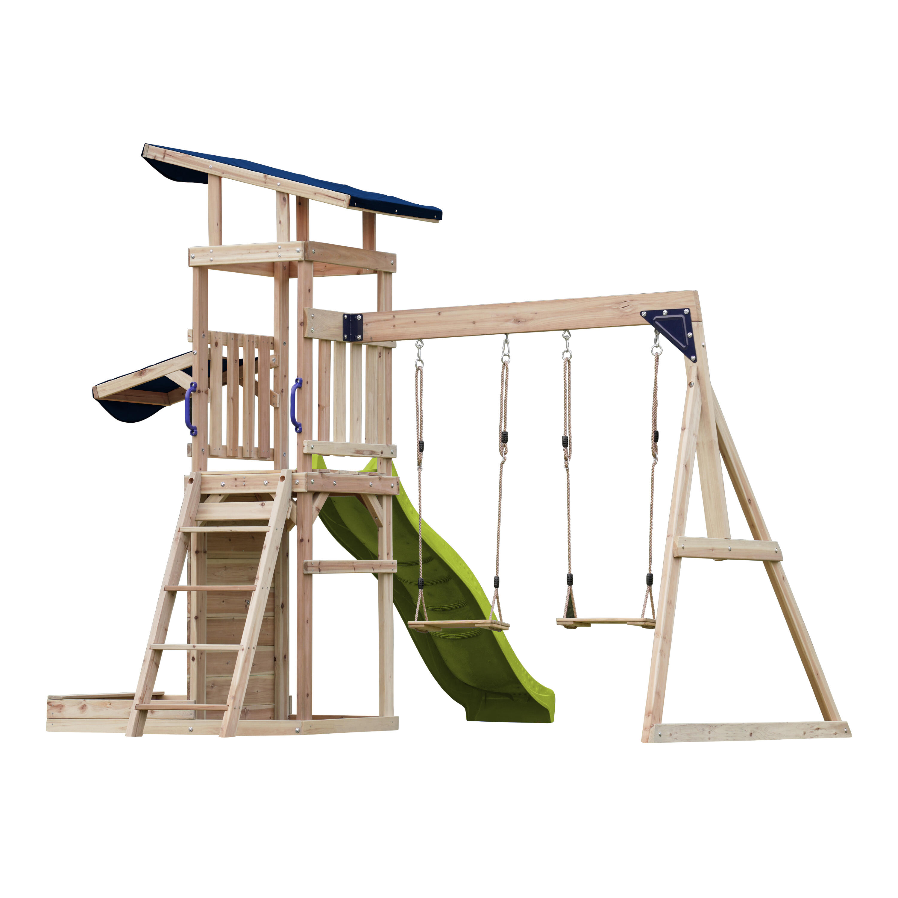 Aire de jeux Malik avec balançoire double Marron - toboggan vert citron 6/7
