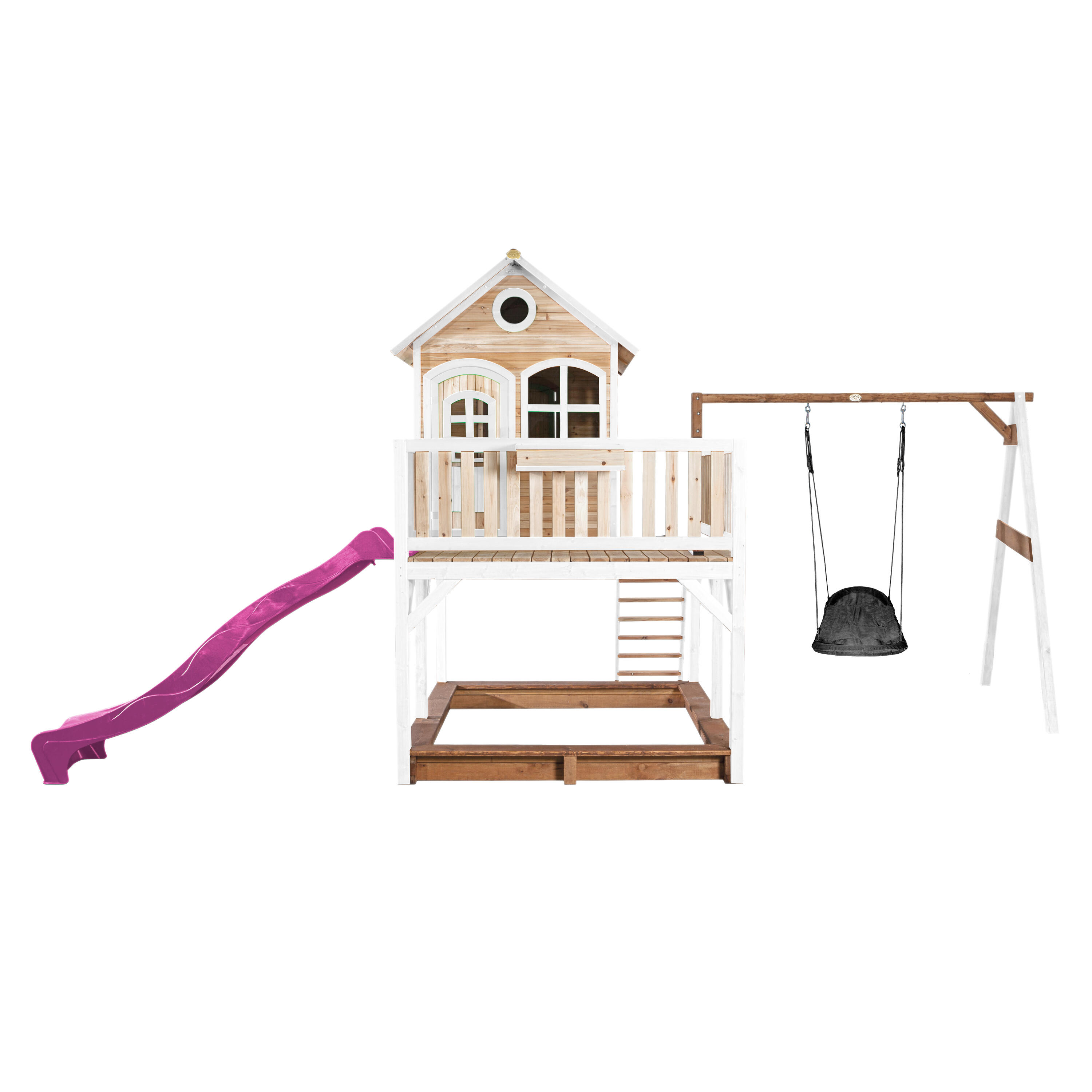 Maisonnette en bois Liam, Bac à Sable, Balançoire, Toboggan Violet 2/7