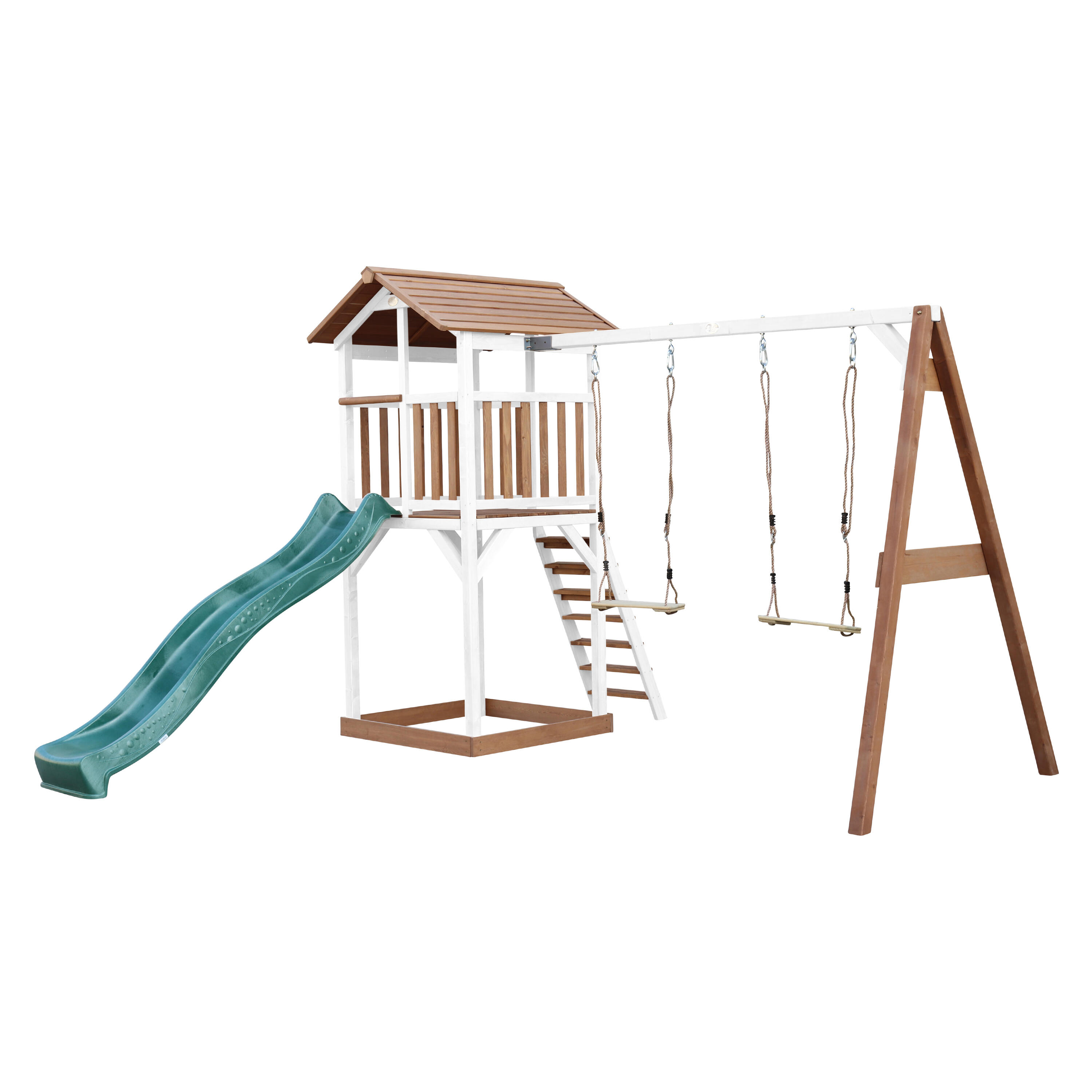 Aire de jeux Beach Tower Marron/Blanche avec 2 Balançoires - Toboggan Vert 2/7