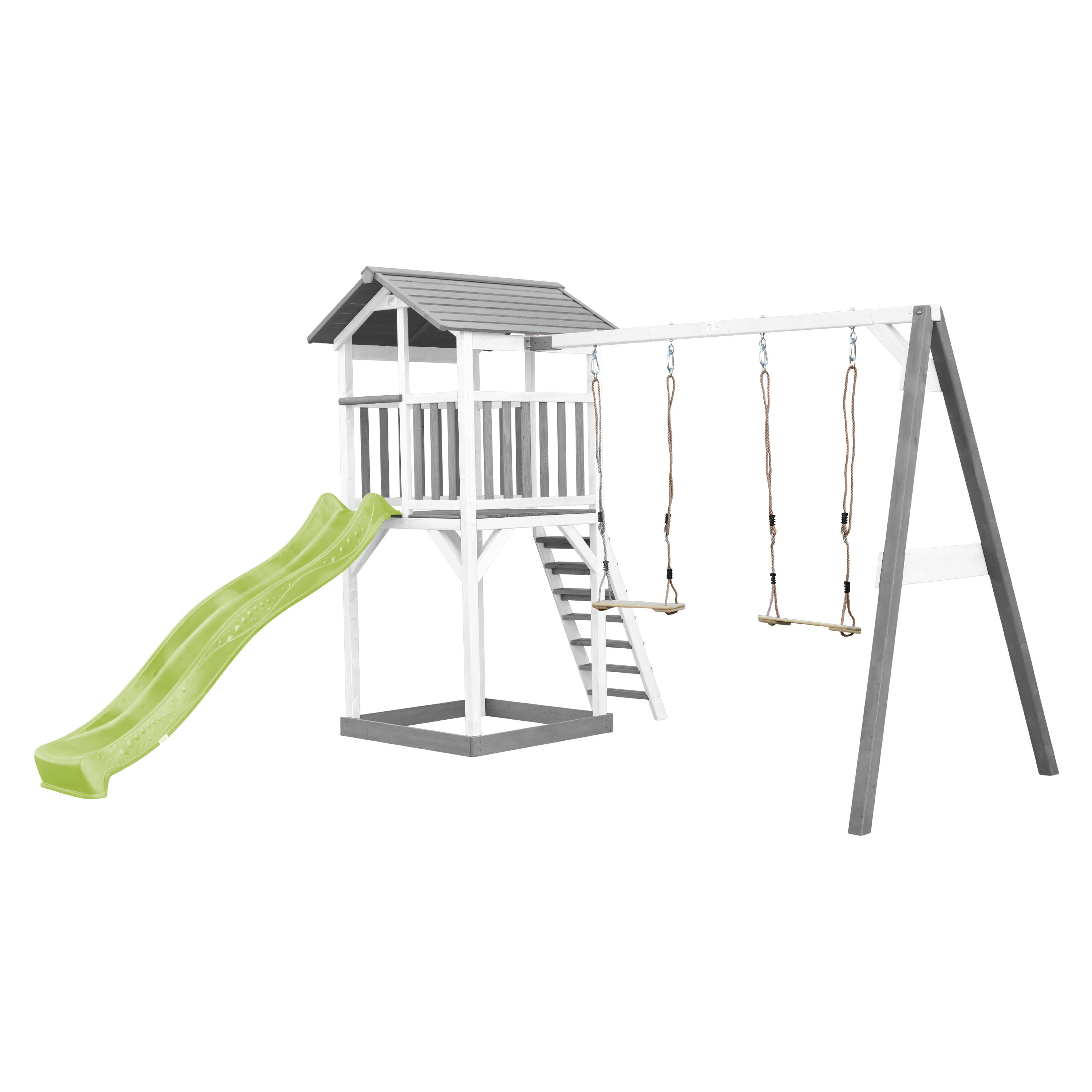 Aire de jeux Beach Tower Grise/Blanche avec 2 Balançoires - Toboggan Vert 2/7