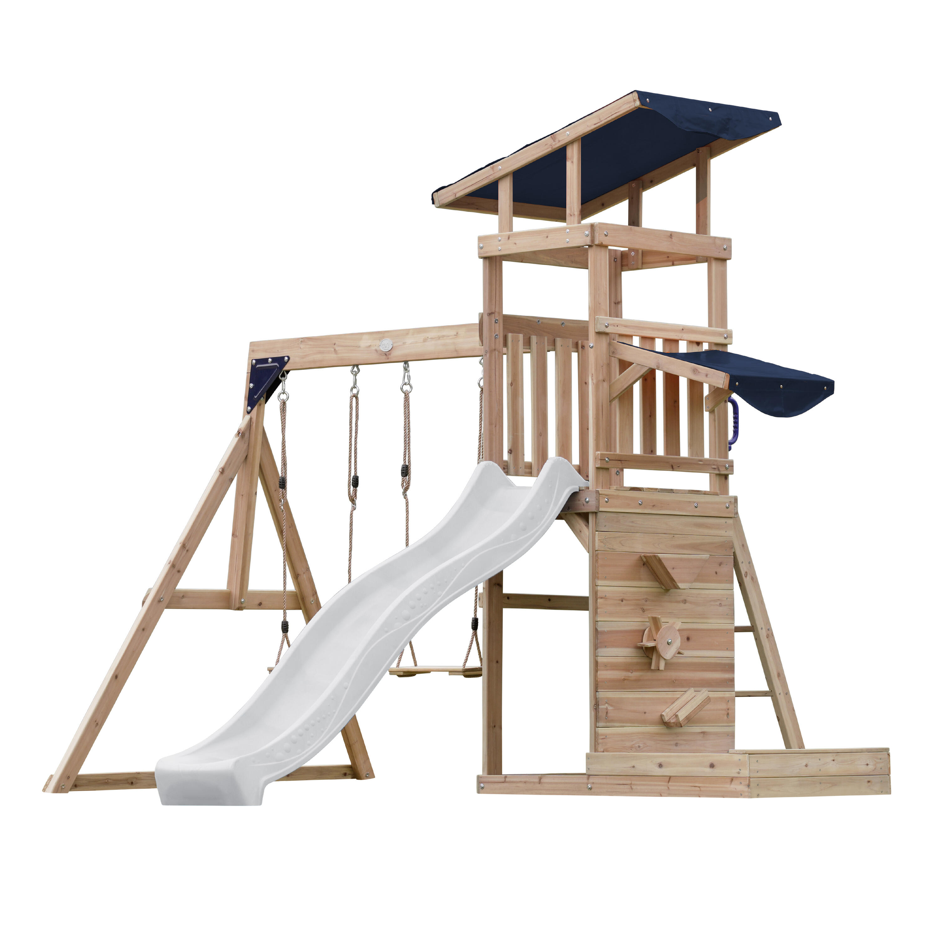 Aire de jeux Malik avec balançoire double Marron - toboggan blanc 2/7