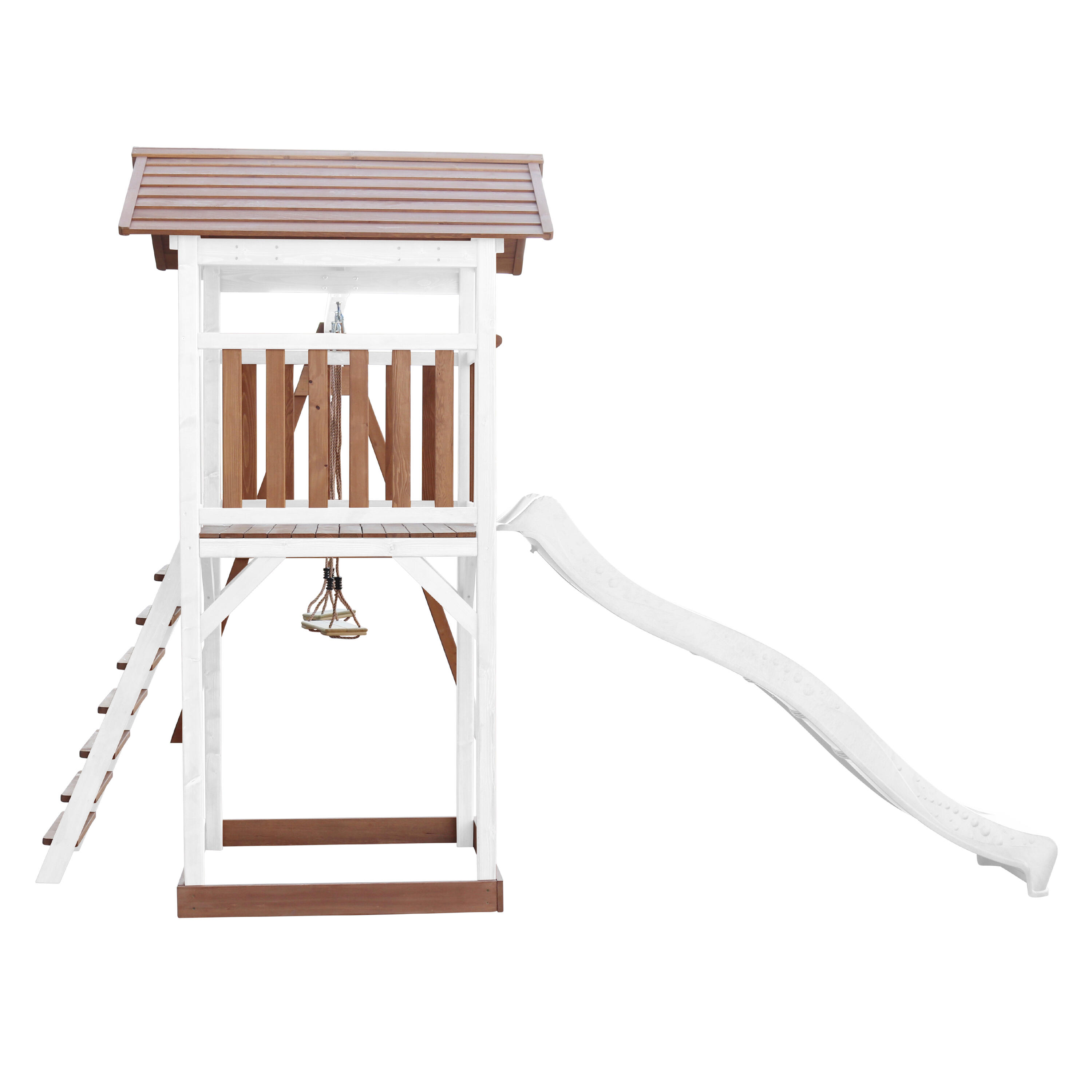 Aire de jeux Beach Tower Marron/Blanche avec 2 Balançoires - Toboggan Blanc 7/7