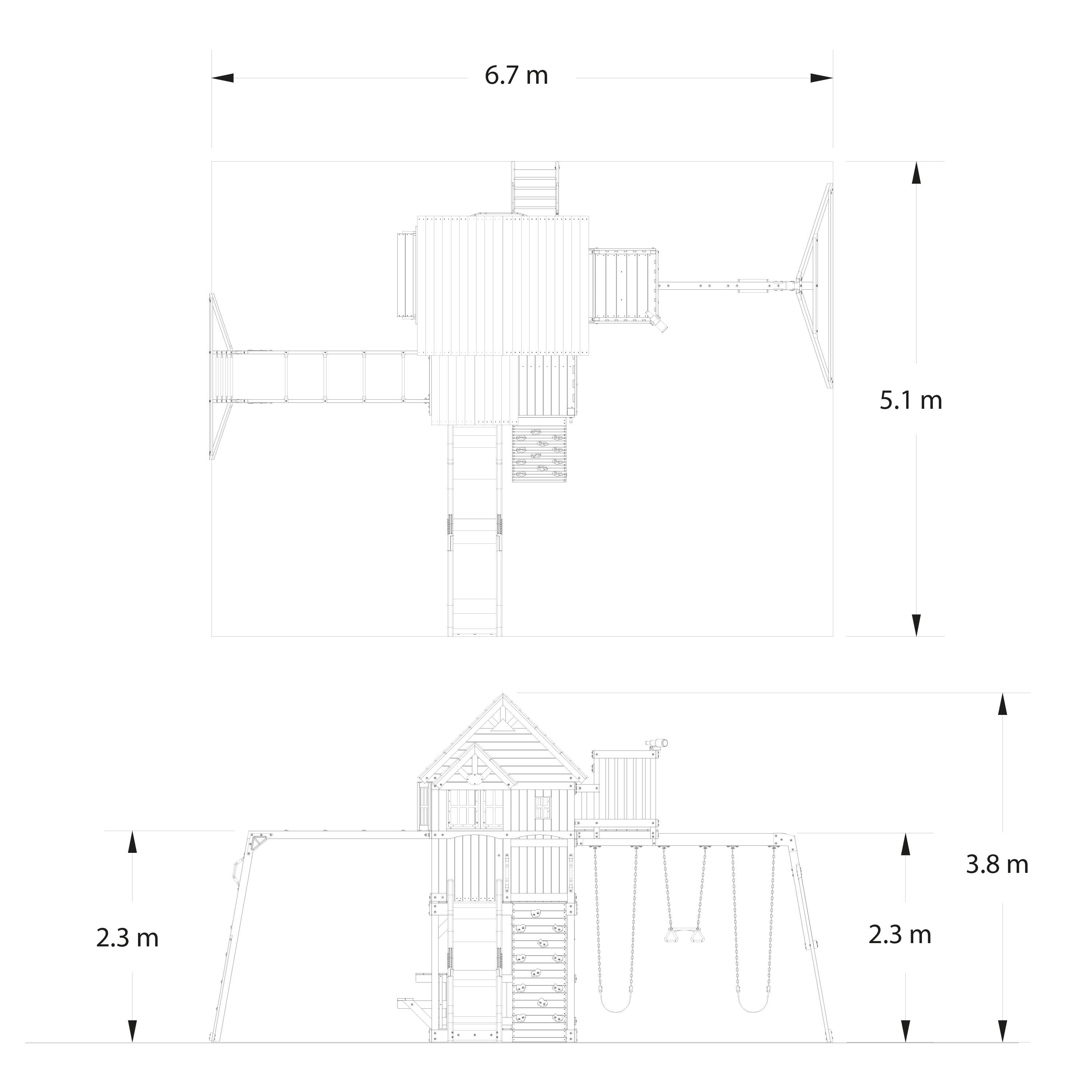 Parque Infantil de madera con columpios, trapecio, tobogán, Skyfort II 3/7