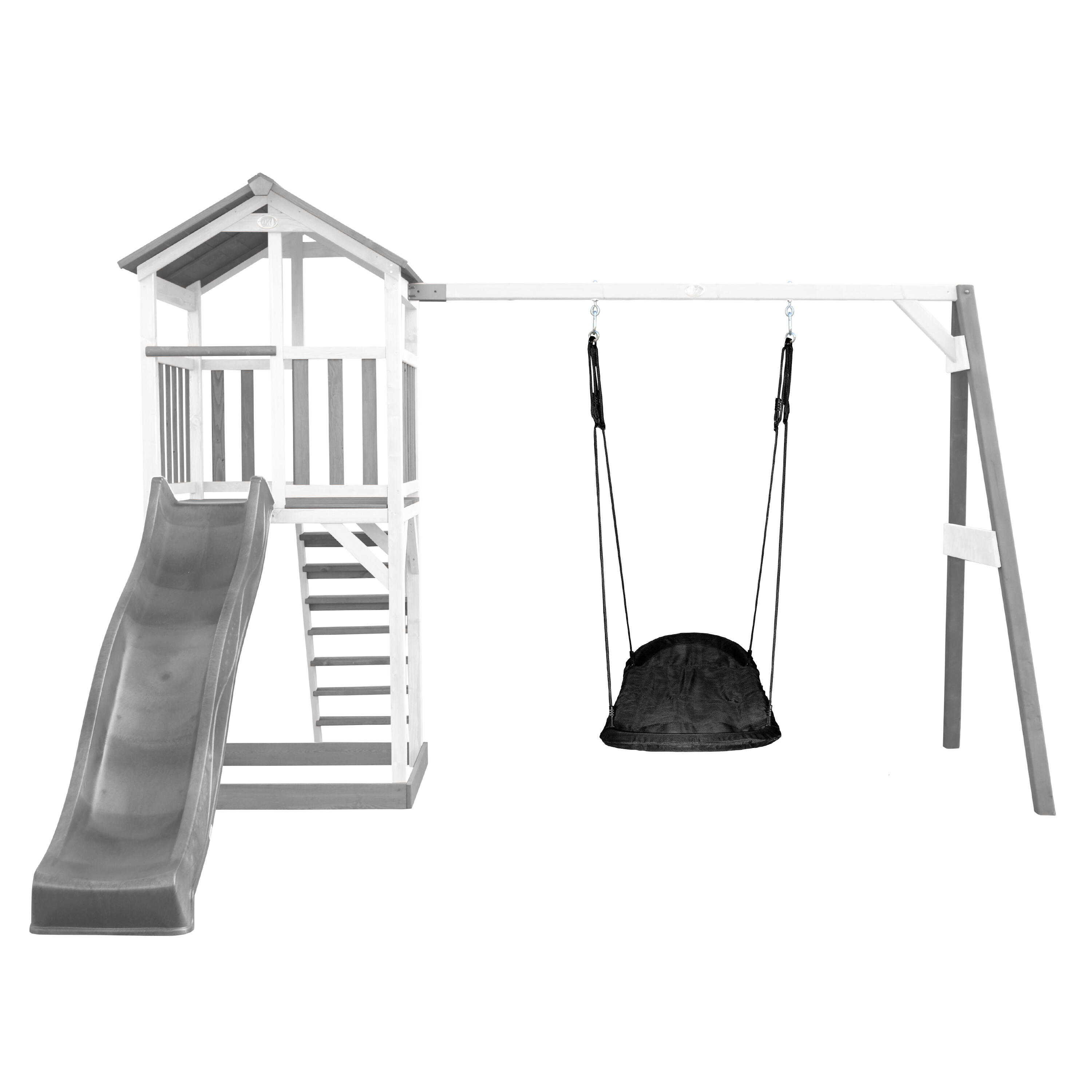 Beach Tower Spielturm Grau/Weiß, Rutsche Grau, Schaukel Schwarz 2/7