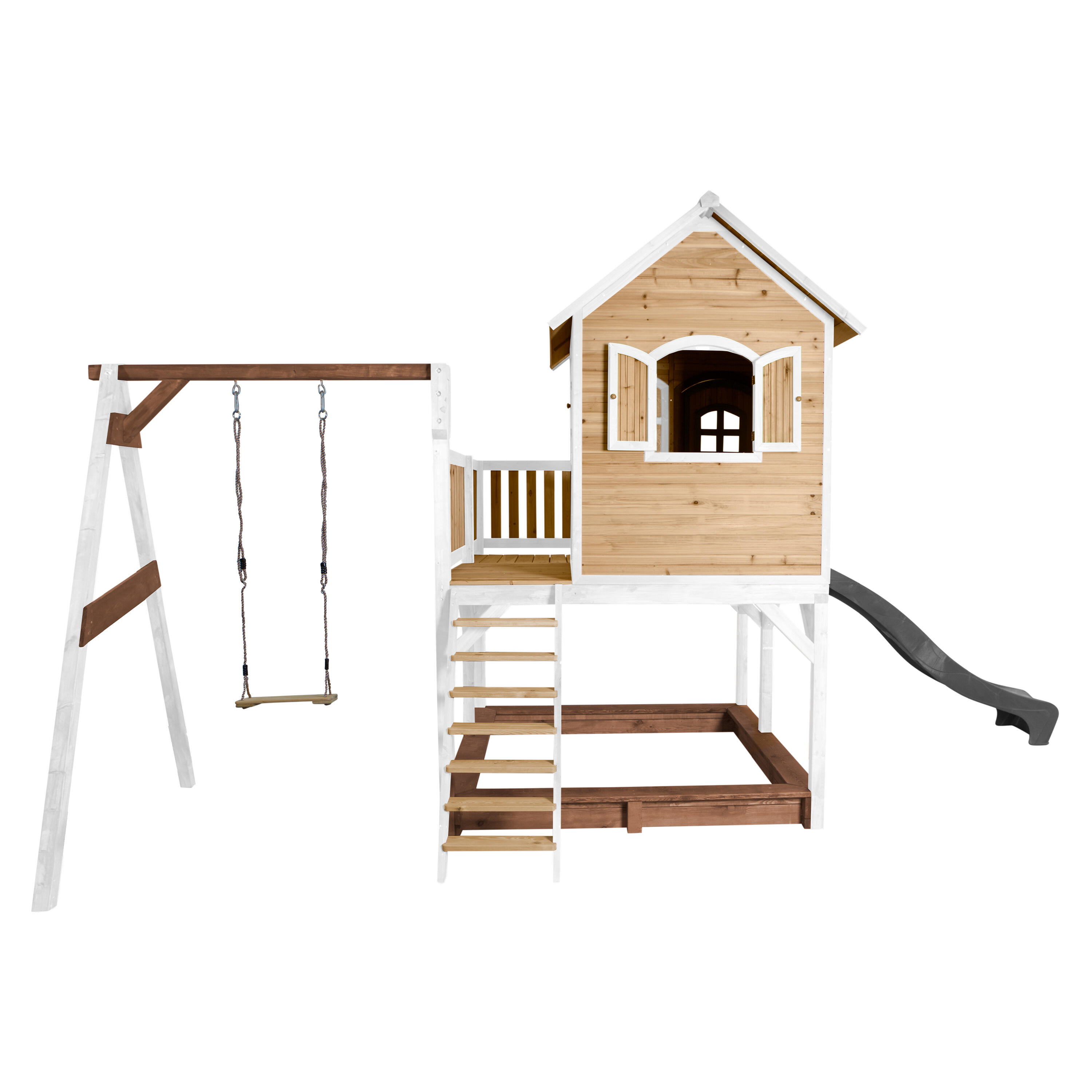 Maisonnette en bois Liam Marron/Blanche avec 1 Balançoire - Toboggan Gris 6/7