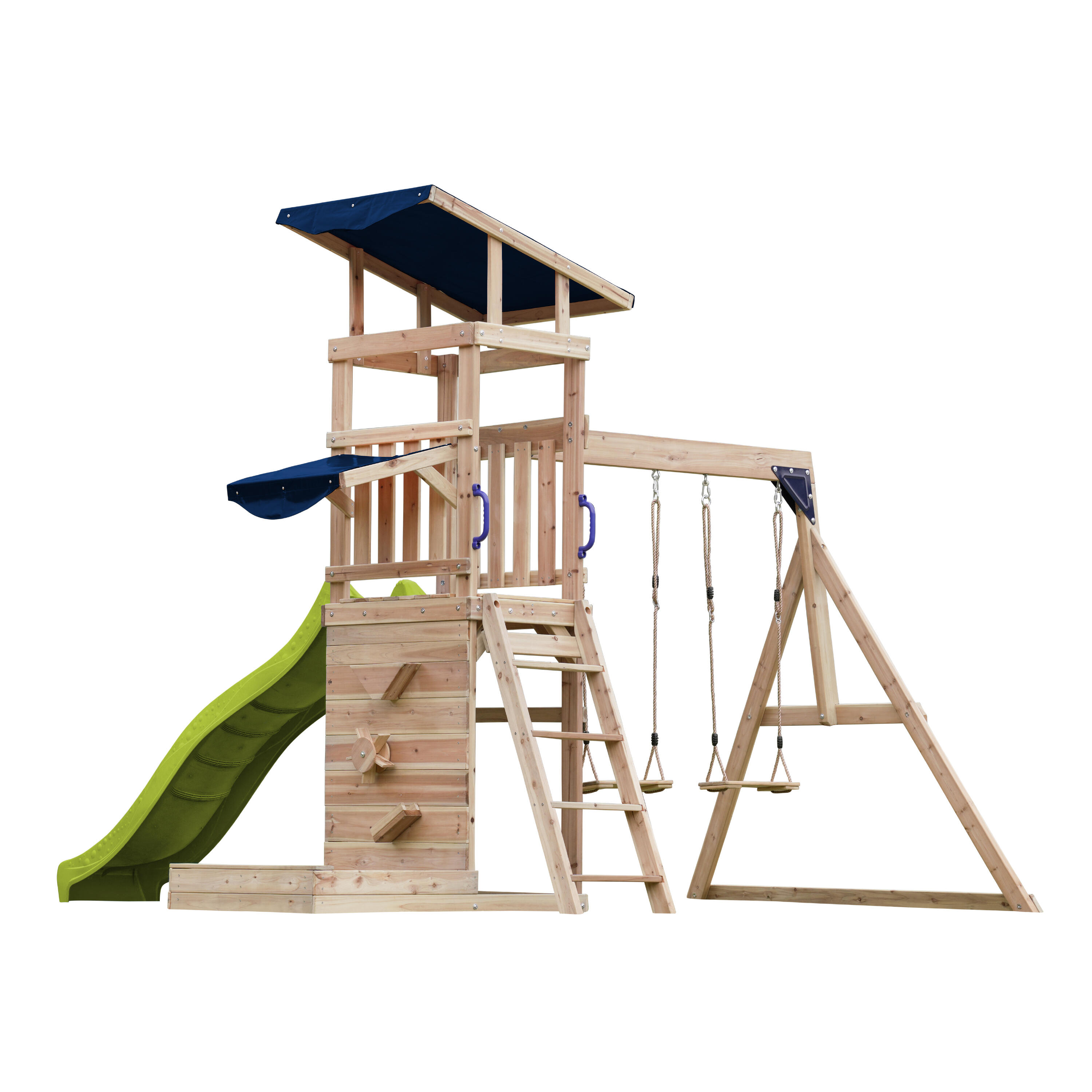 Aire de jeux Malik avec balançoire double Marron - toboggan vert citron 7/7