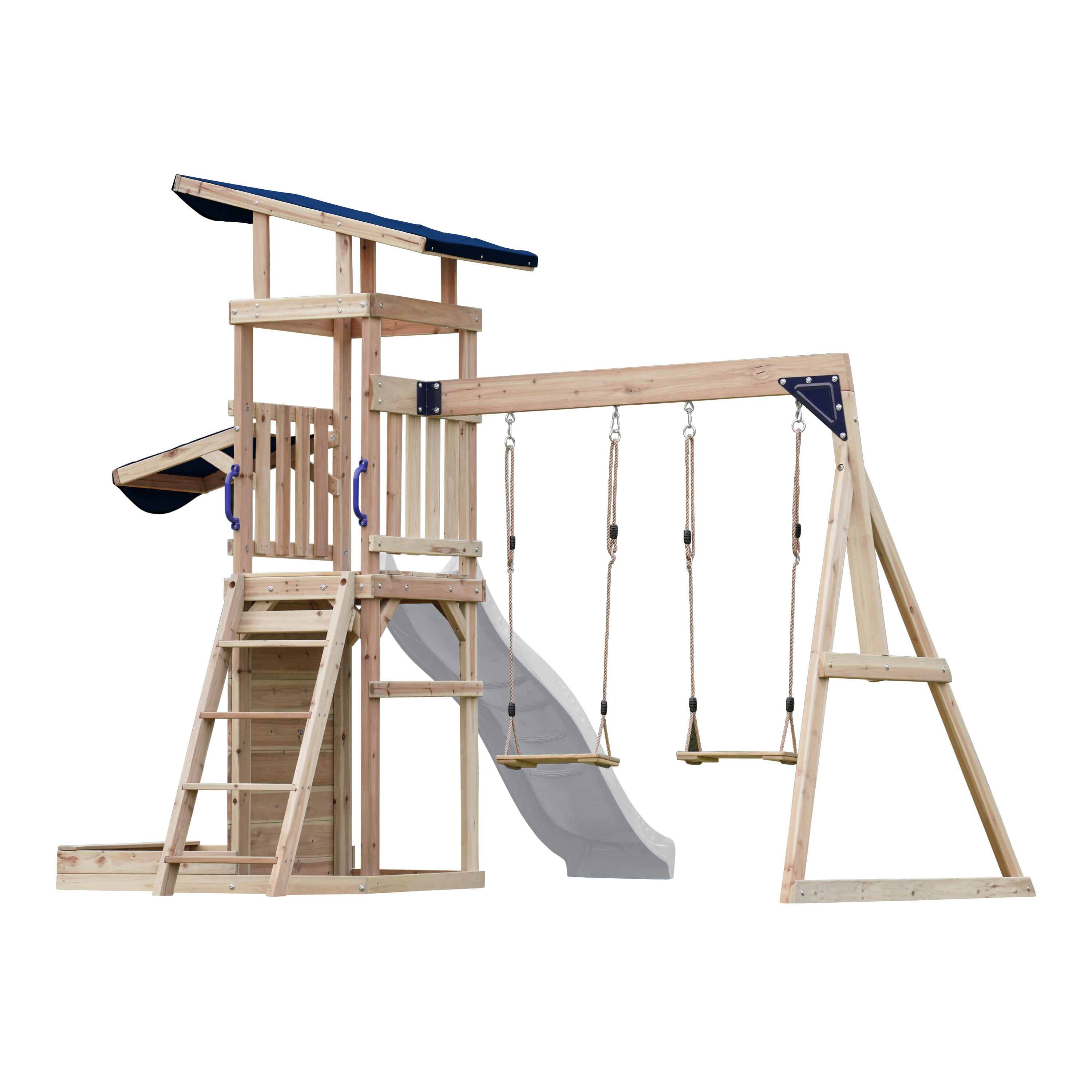 Aire de jeux Malik avec balançoire double Marron - toboggan blanc 6/7