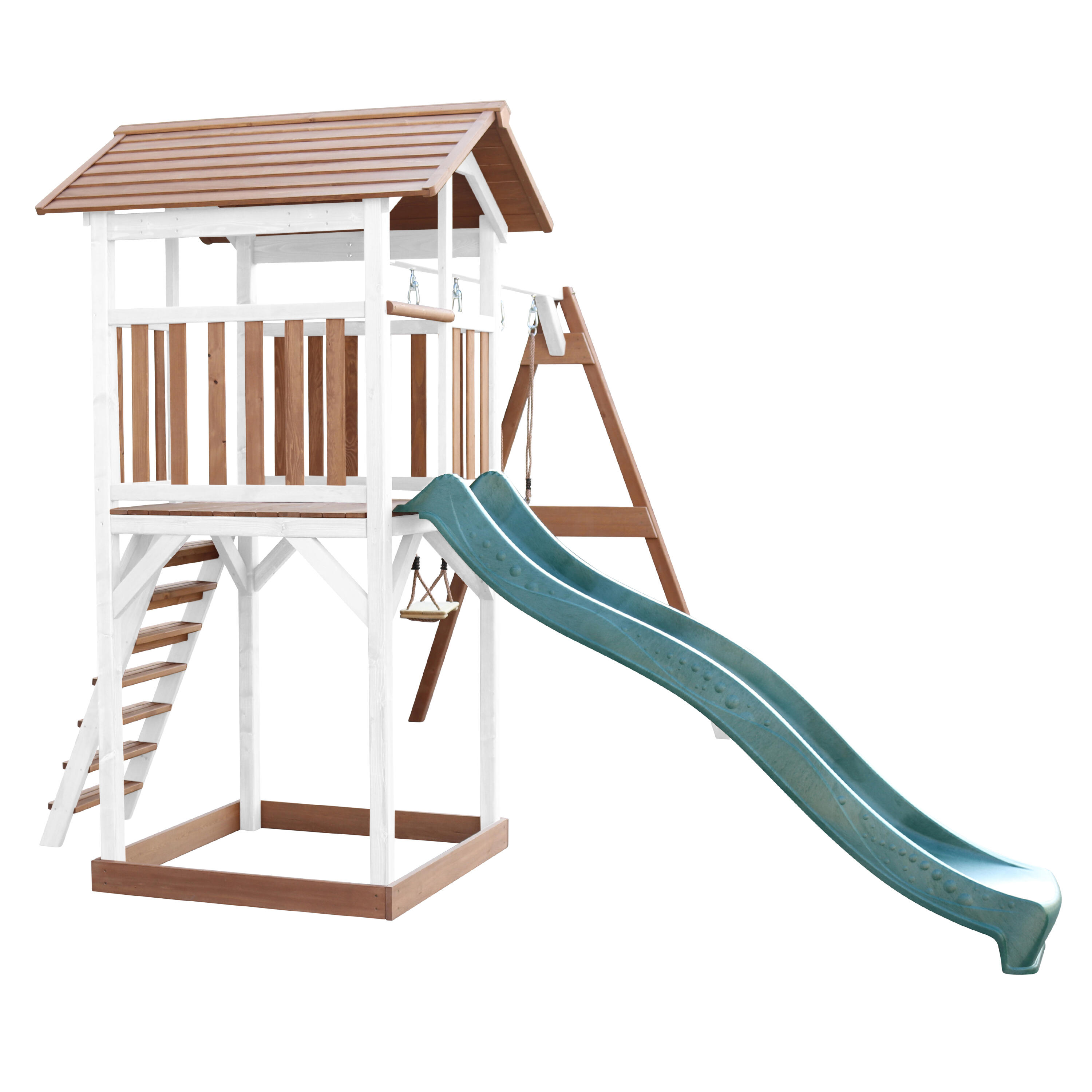 Aire de jeux Beach Tower Marron/Blanche avec 2 Balançoires - Toboggan Vert 6/7