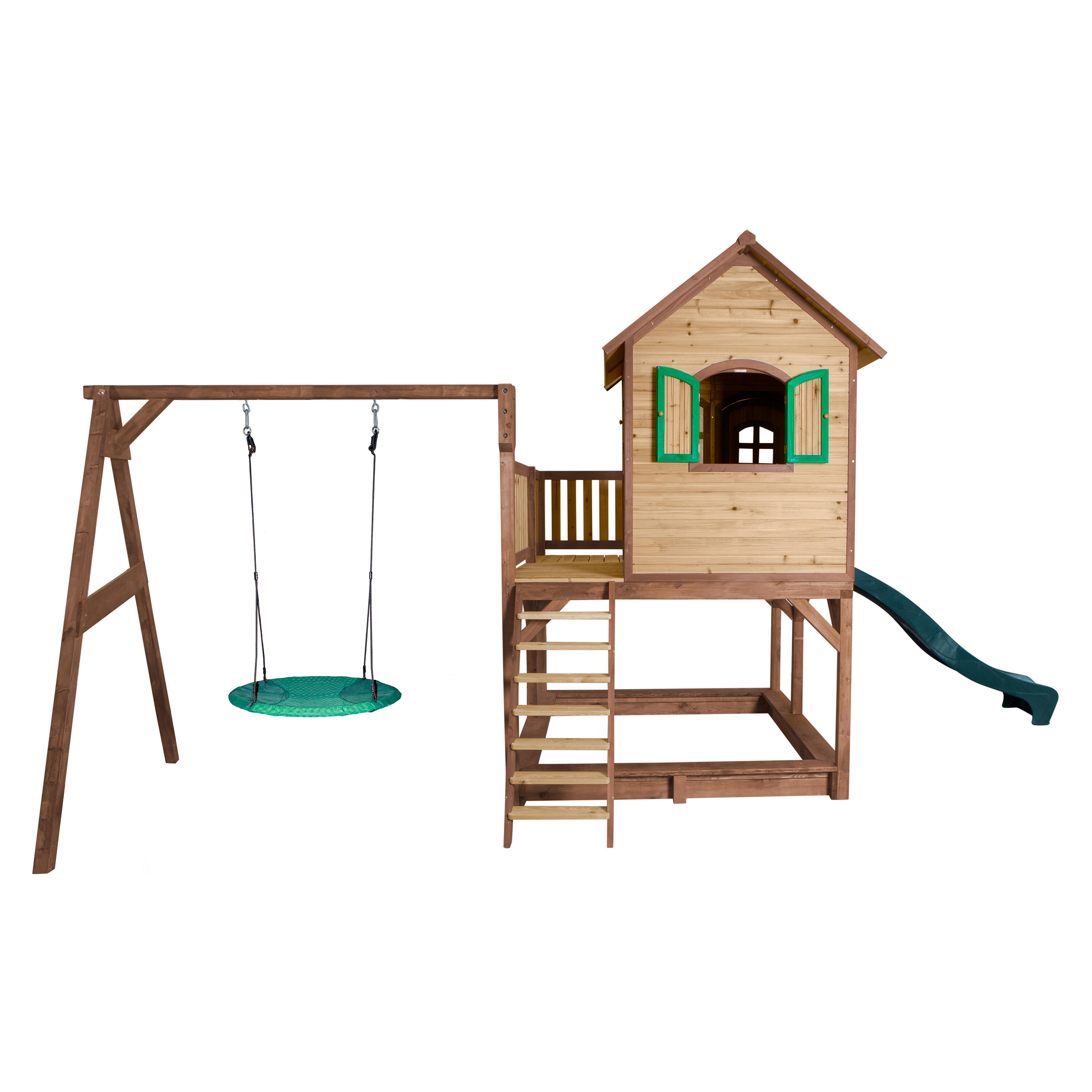 Maisonnette en bois Liam, Bac à Sable, Balançoire et Toboggan Vert 5/7