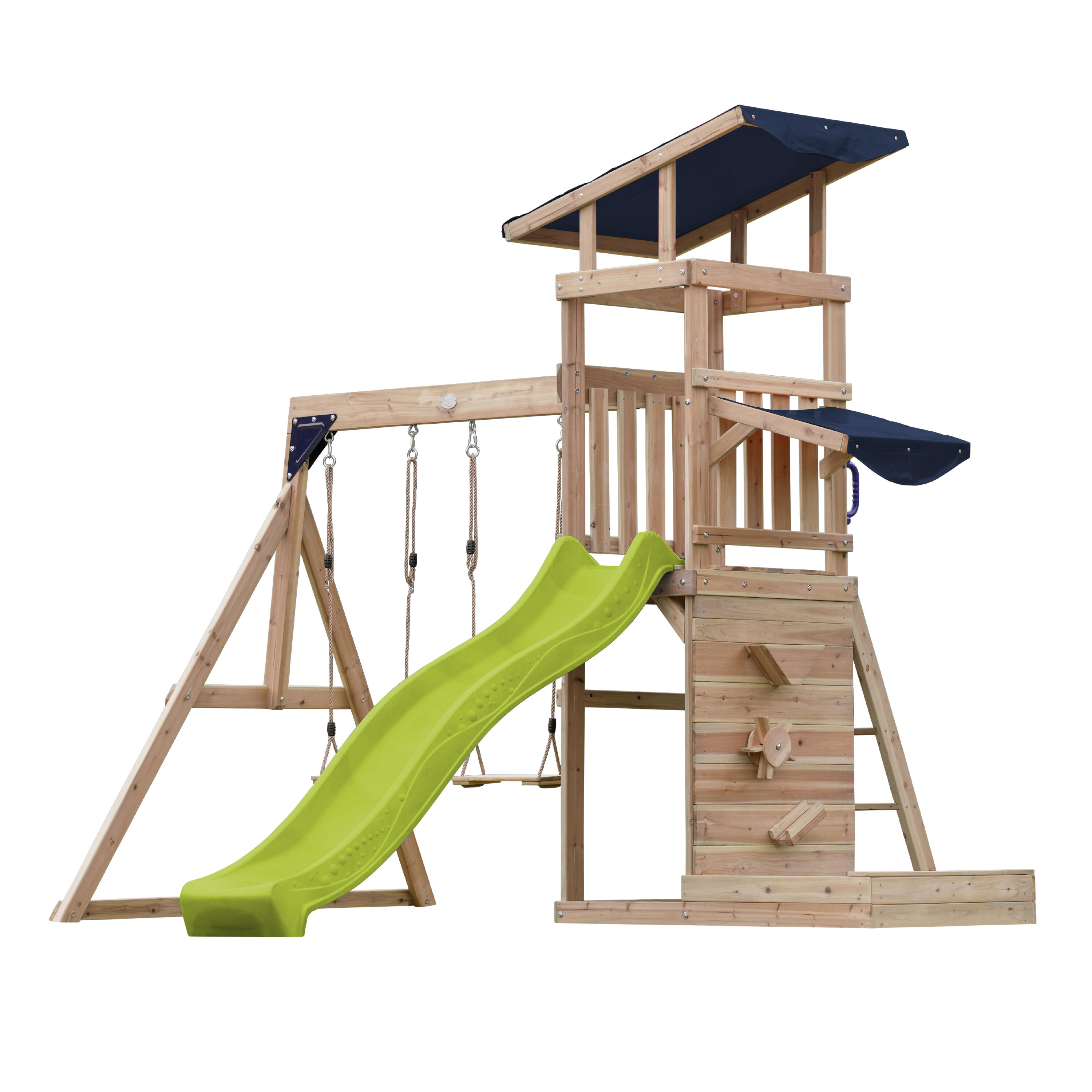 Aire de jeux Malik avec balançoire double Marron - toboggan vert citron 2/7