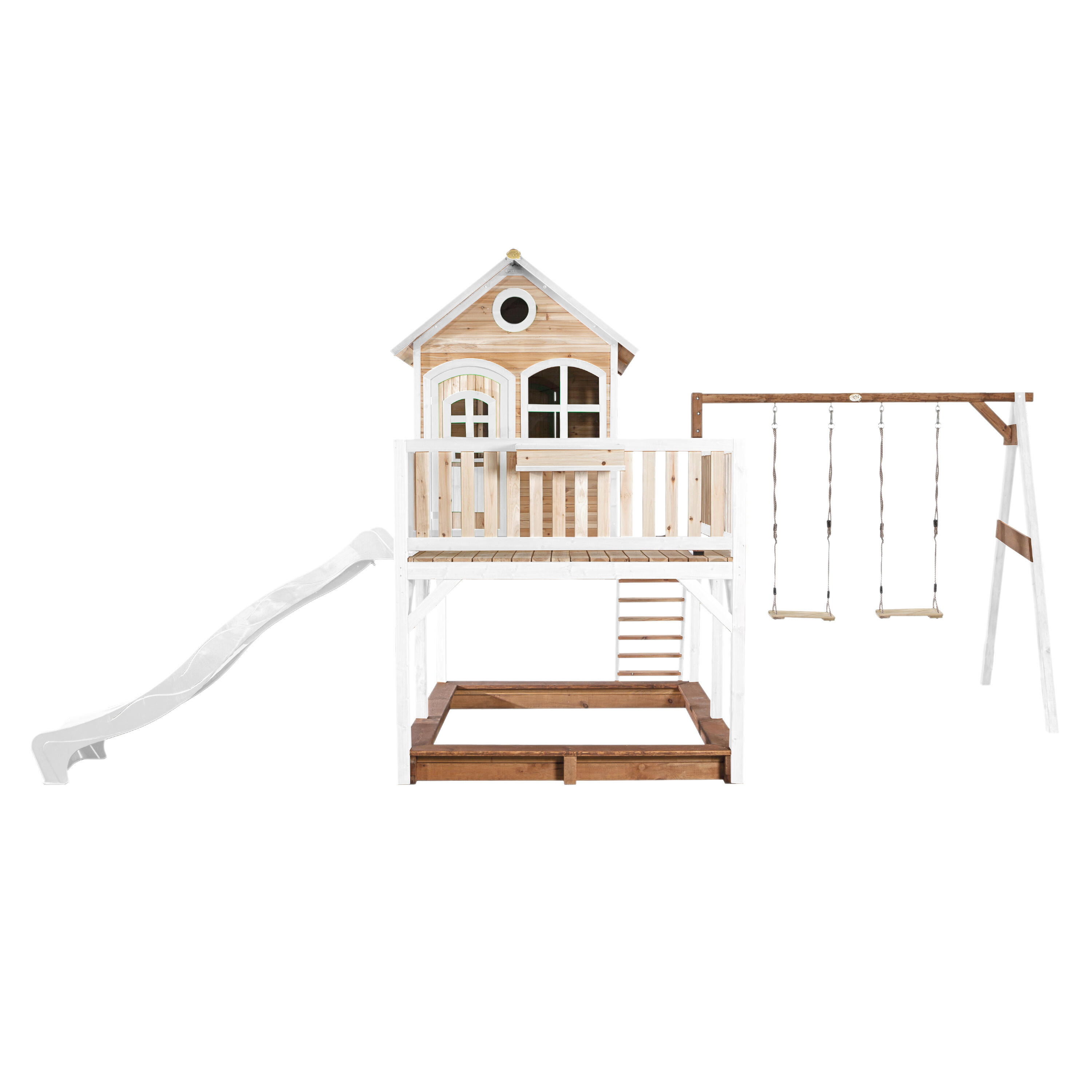 Maisonnette en bois Liam Marron/Blanche avec 2 Balançoires - Toboggan Blanc 2/7