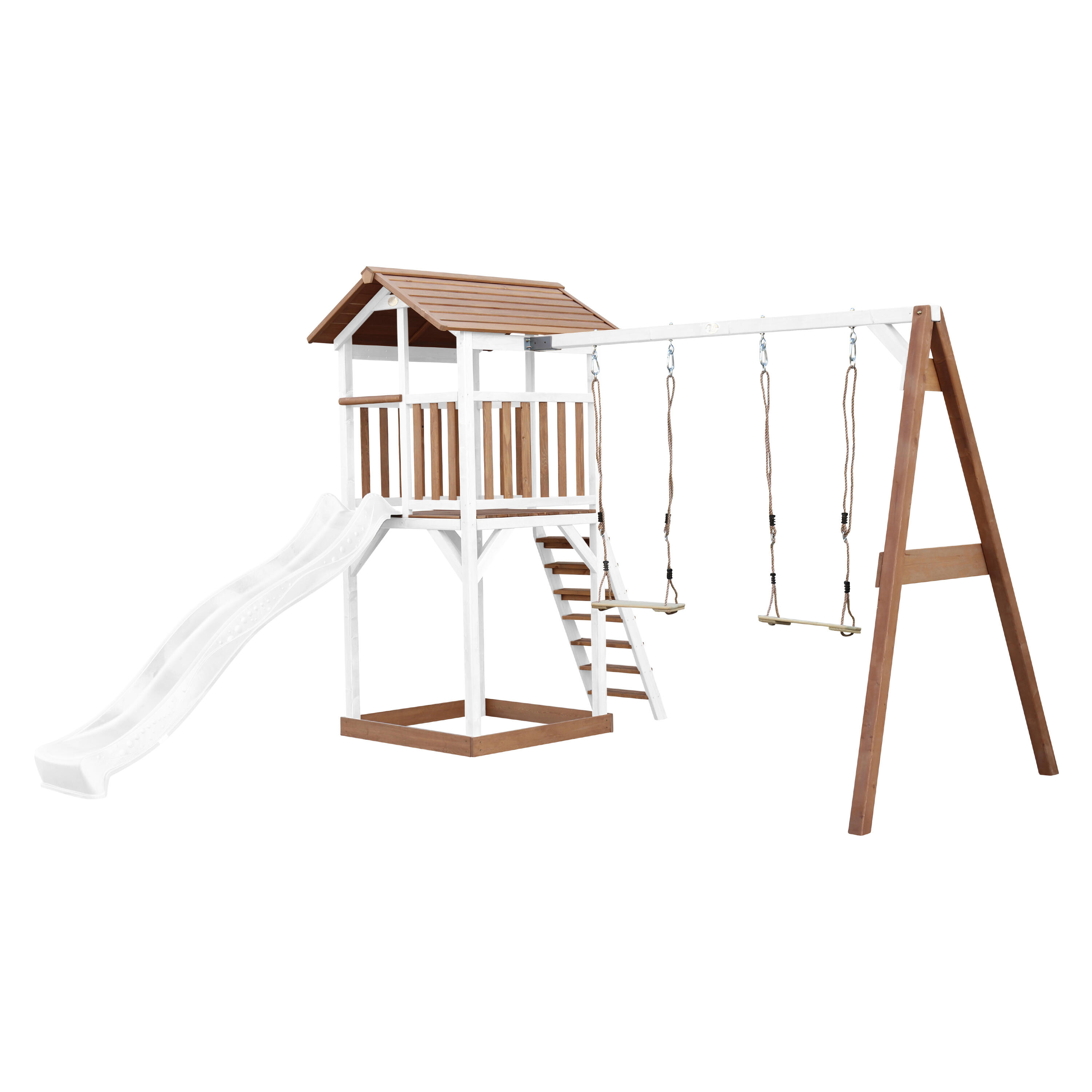 Aire de jeux Beach Tower Marron/Blanche avec 2 Balançoires - Toboggan Blanc 2/7