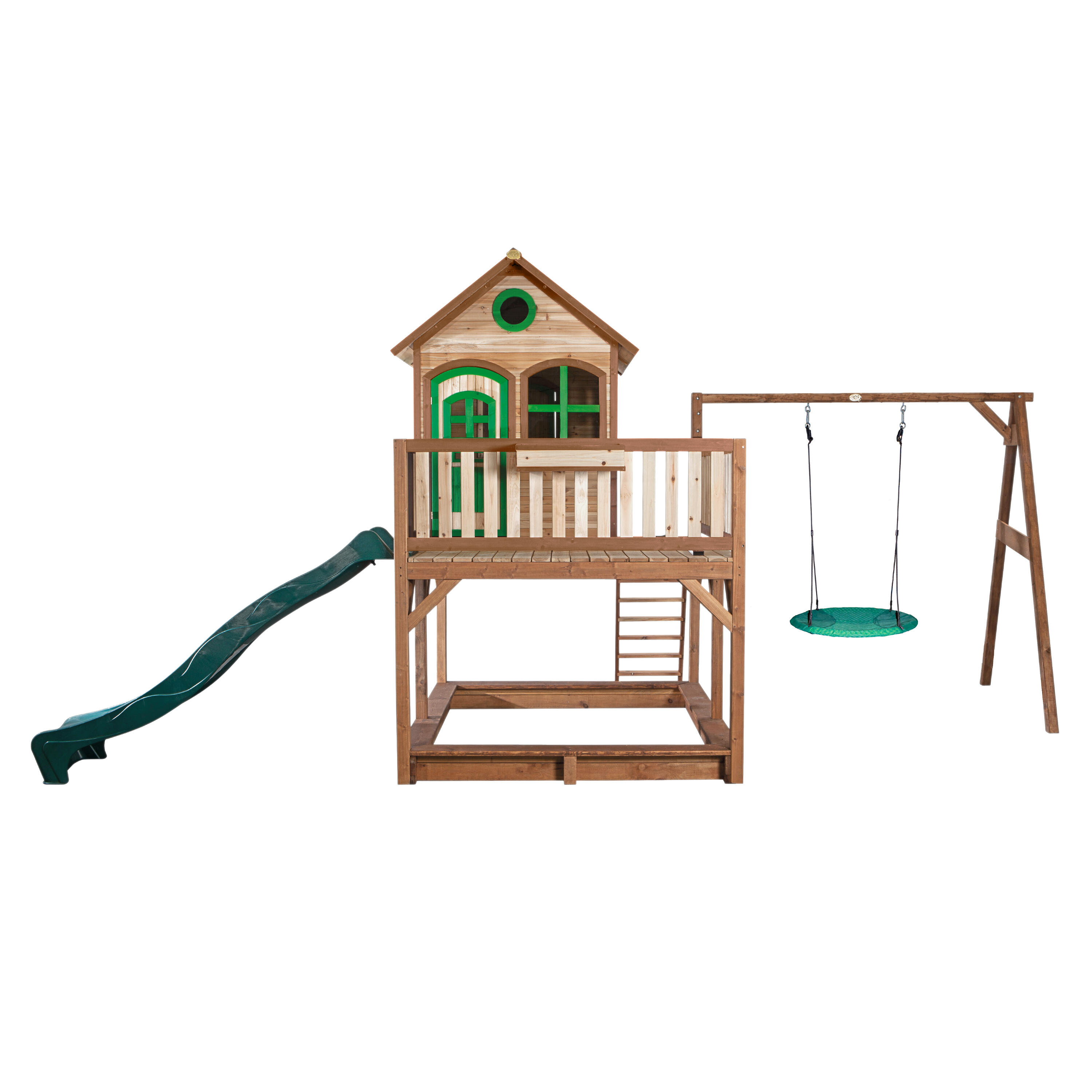 Maisonnette en bois Liam, Bac à Sable, Balançoire et Toboggan Vert 2/7