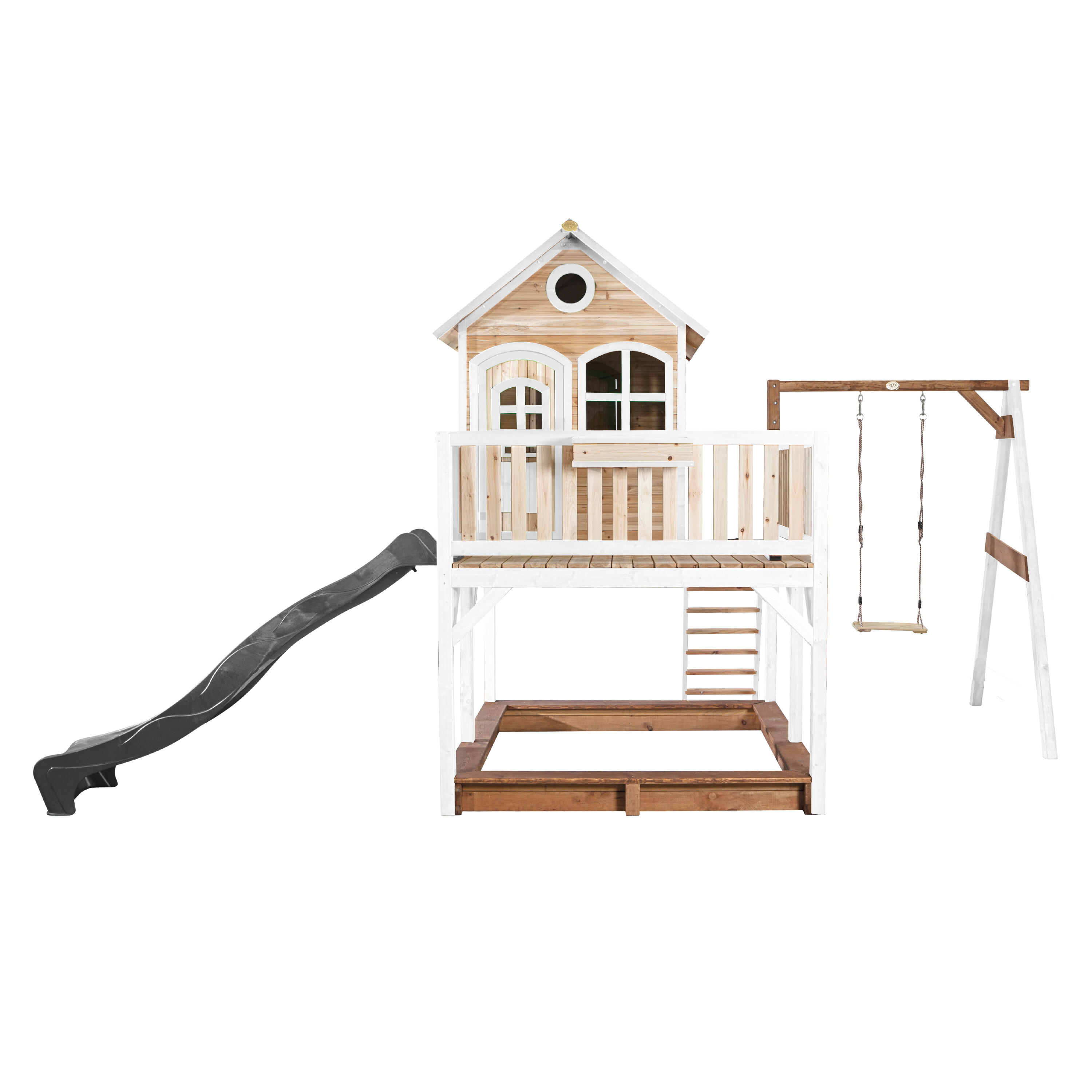 Maisonnette en bois Liam Marron/Blanche avec 1 Balançoire - Toboggan Gris 2/7