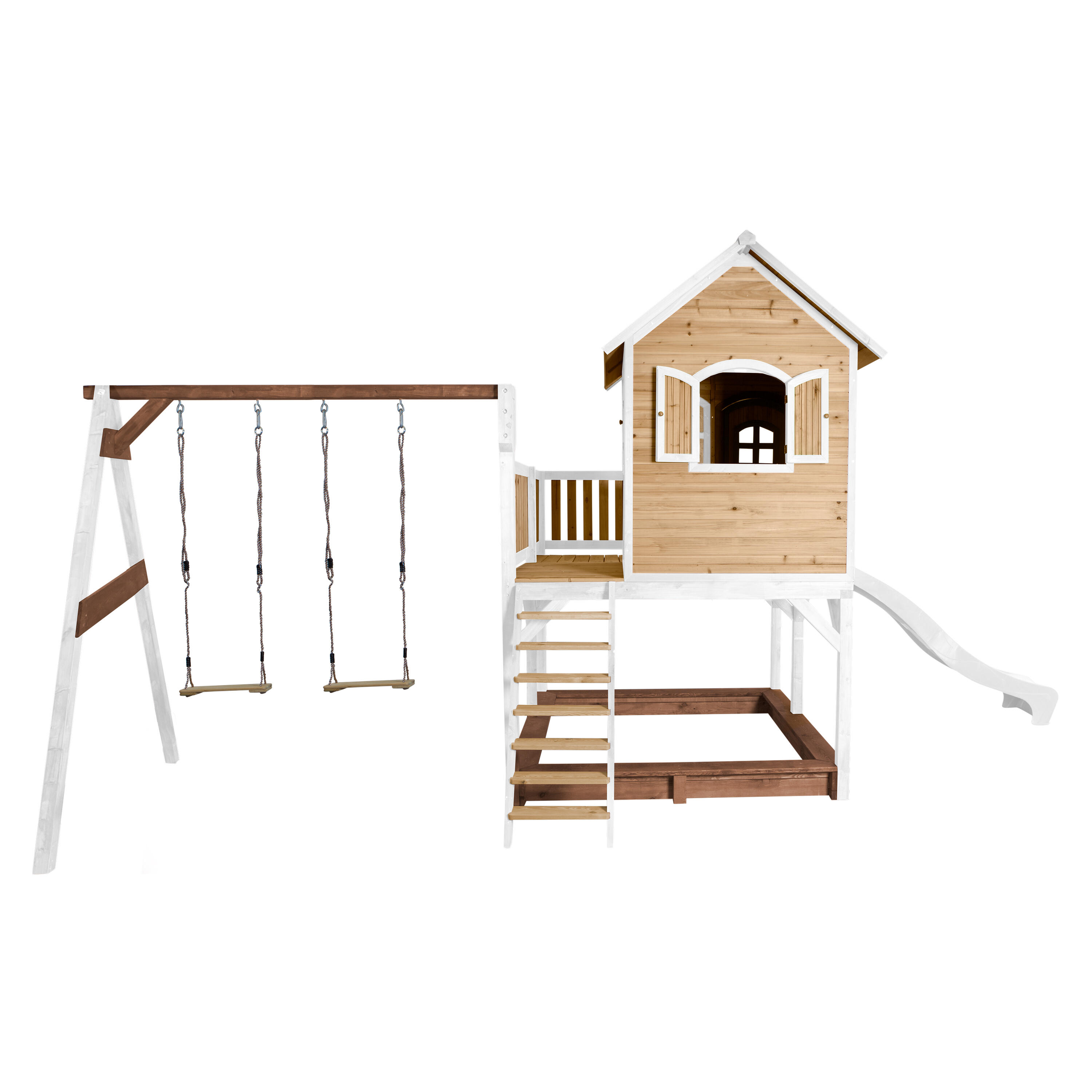 Maisonnette en bois Liam Marron/Blanche avec 2 Balançoires - Toboggan Blanc 5/7