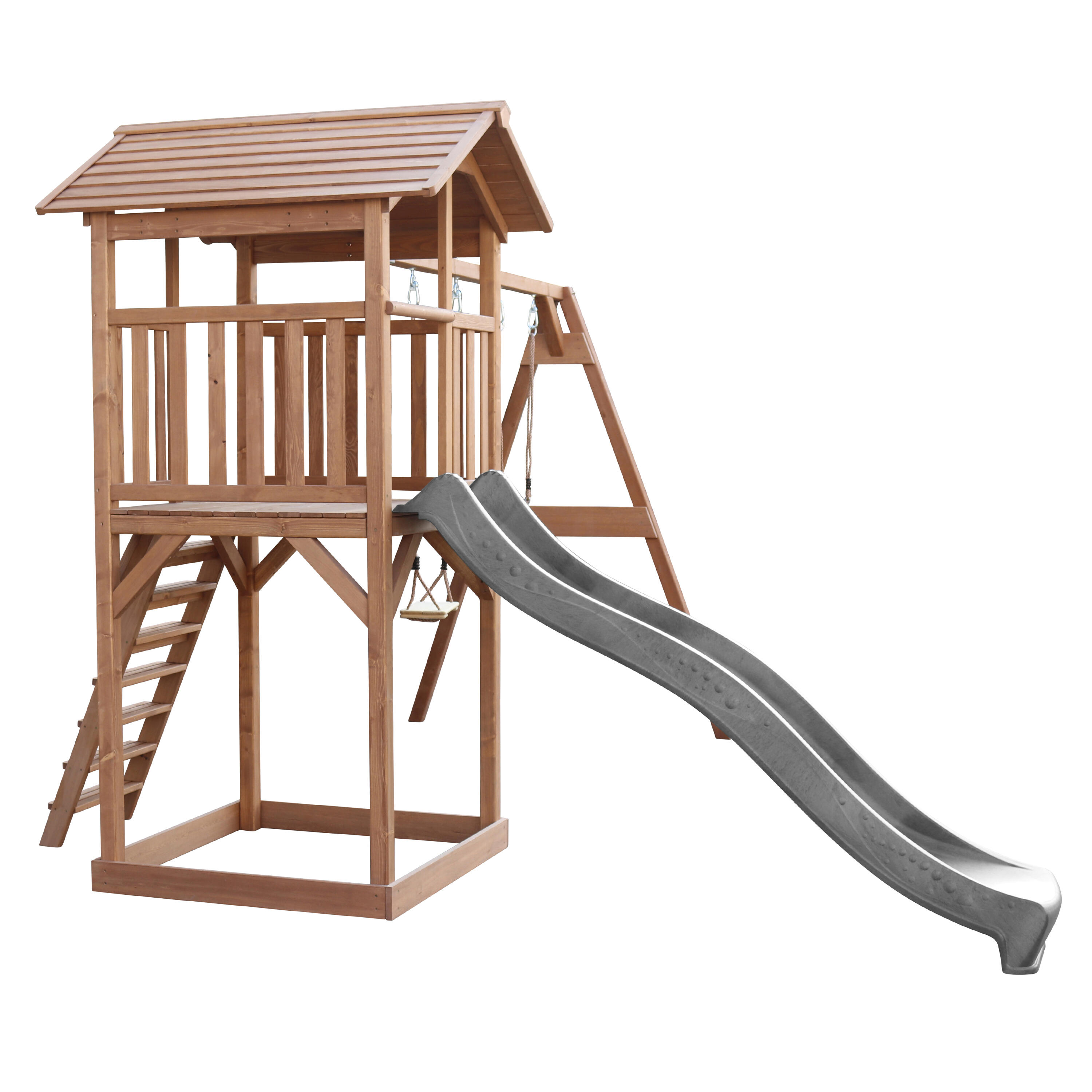 Aire de jeux Beach Tower Marron avec 2 Balançoires - Toboggan Gris 6/7