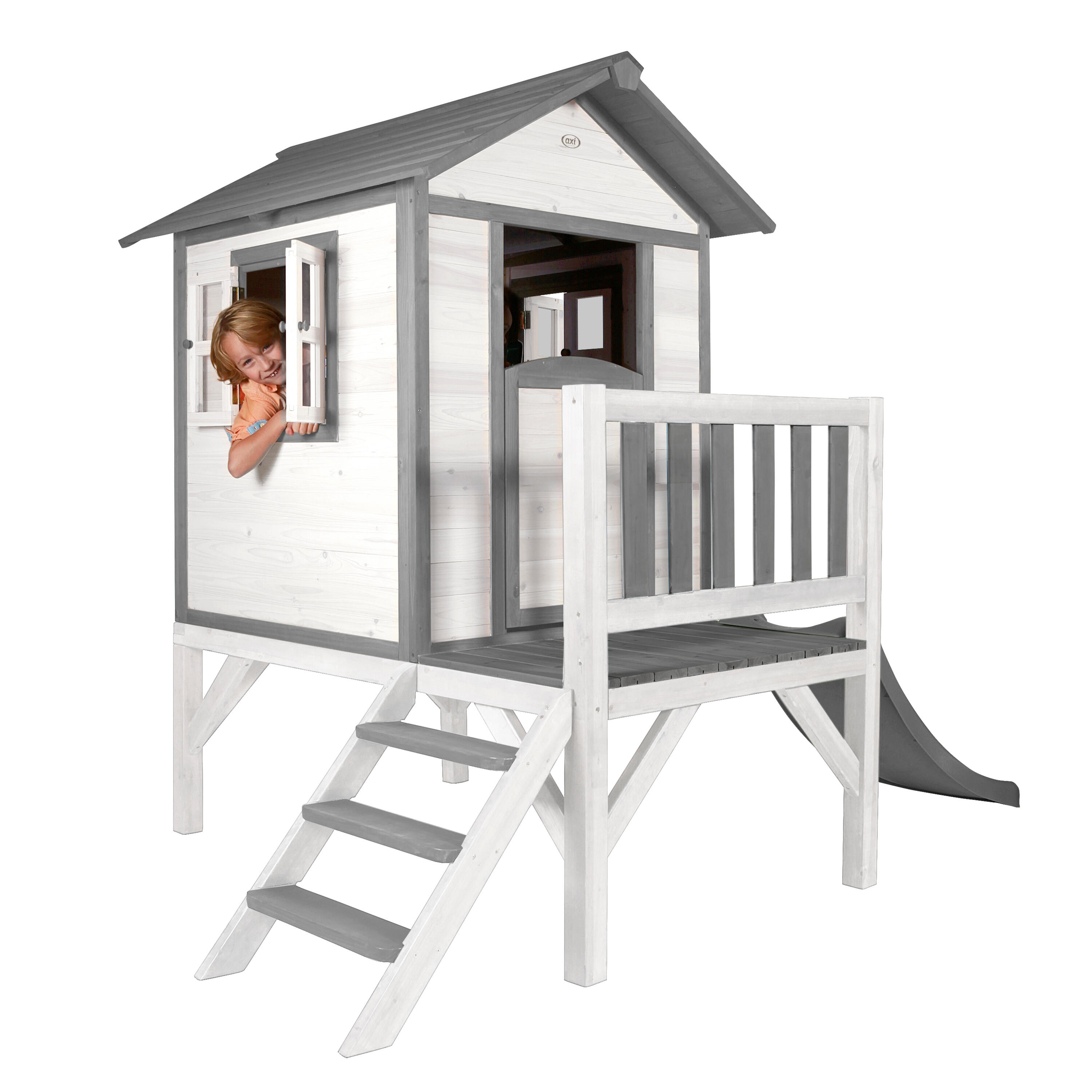 Maisonnette en bois Lodge XL Blanche - Toboggan Gris 6/7
