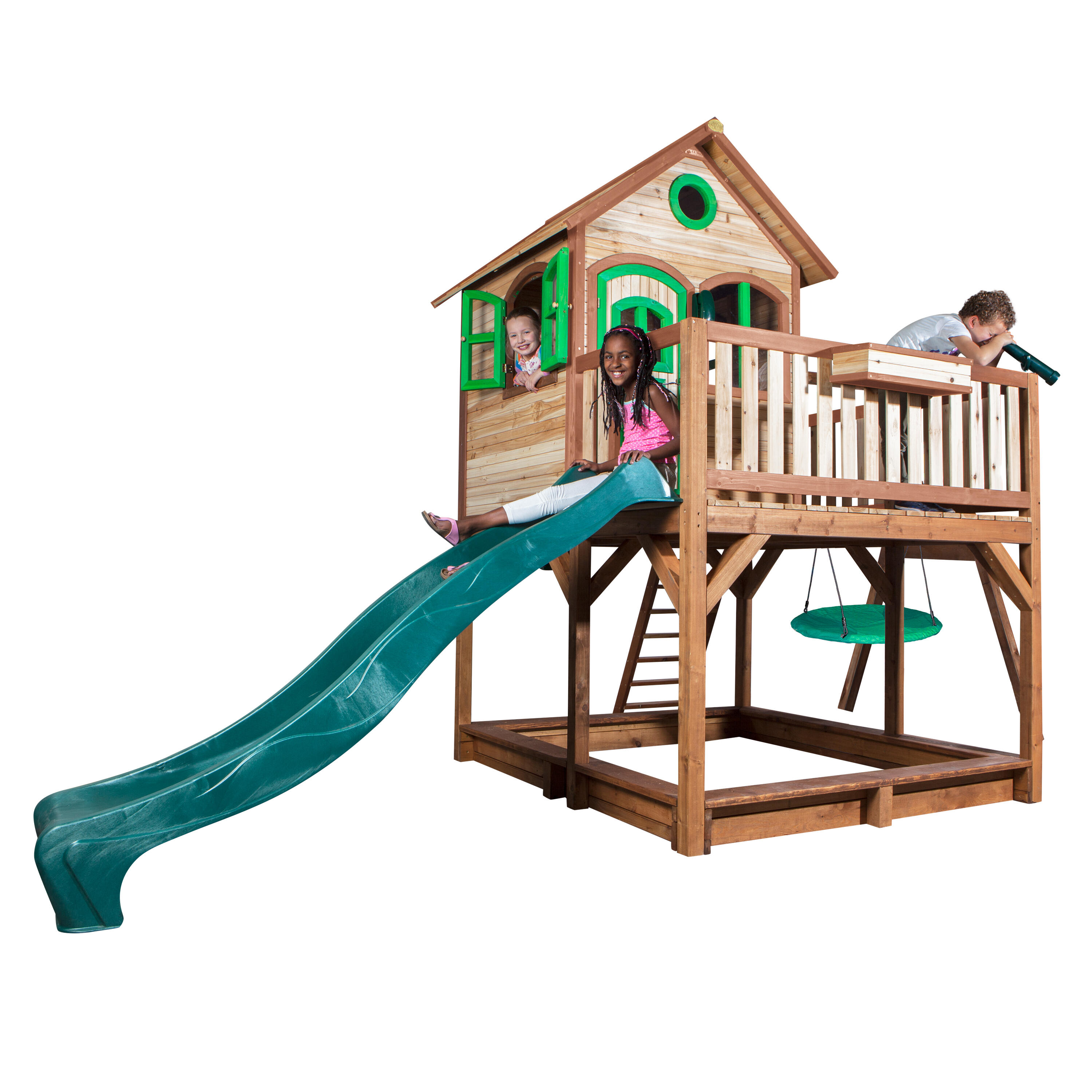 Maisonnette en bois Liam, Bac à Sable, Balançoire et Toboggan Vert 7/7