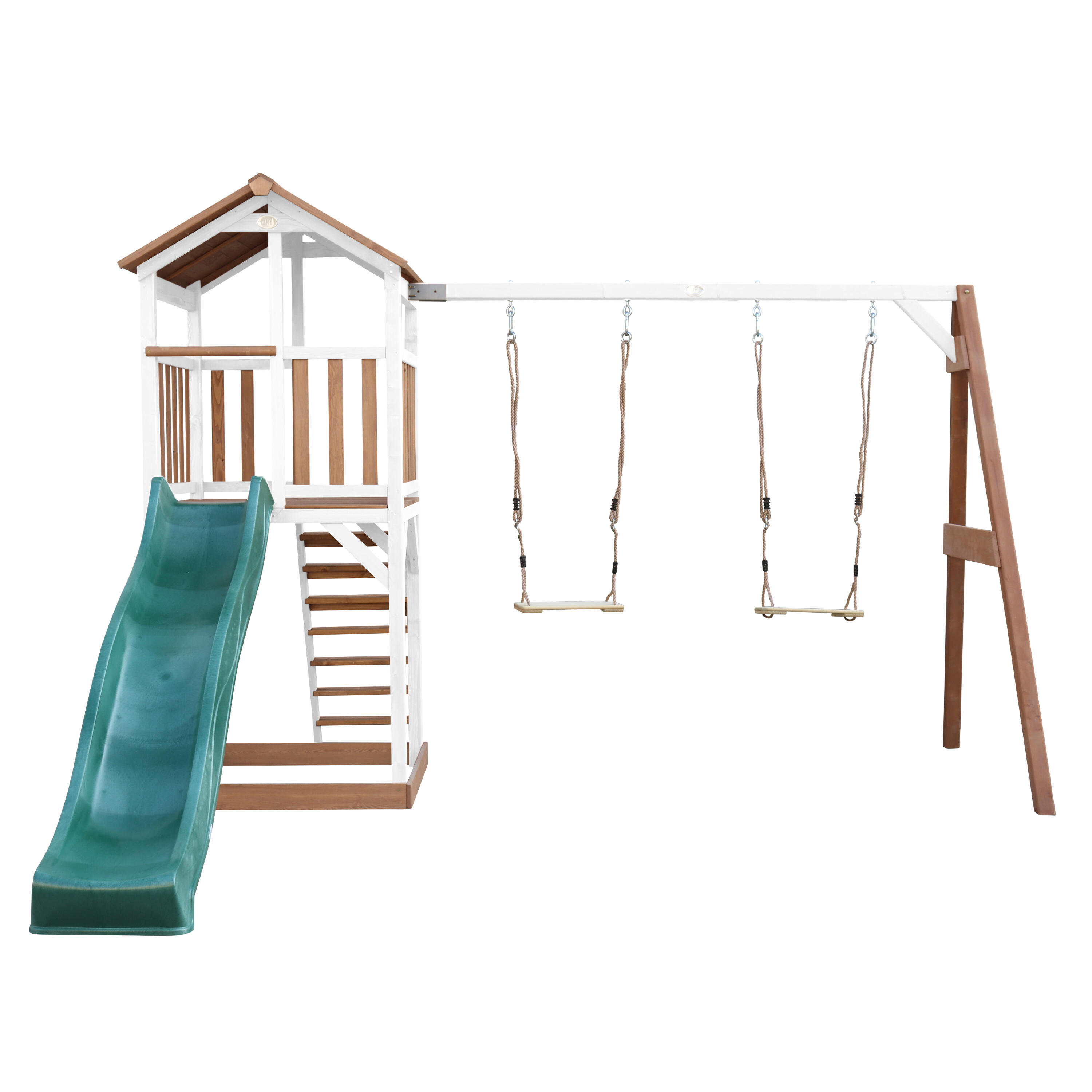 Aire de jeux Beach Tower Marron/Blanche avec 2 Balançoires - Toboggan Vert 5/7
