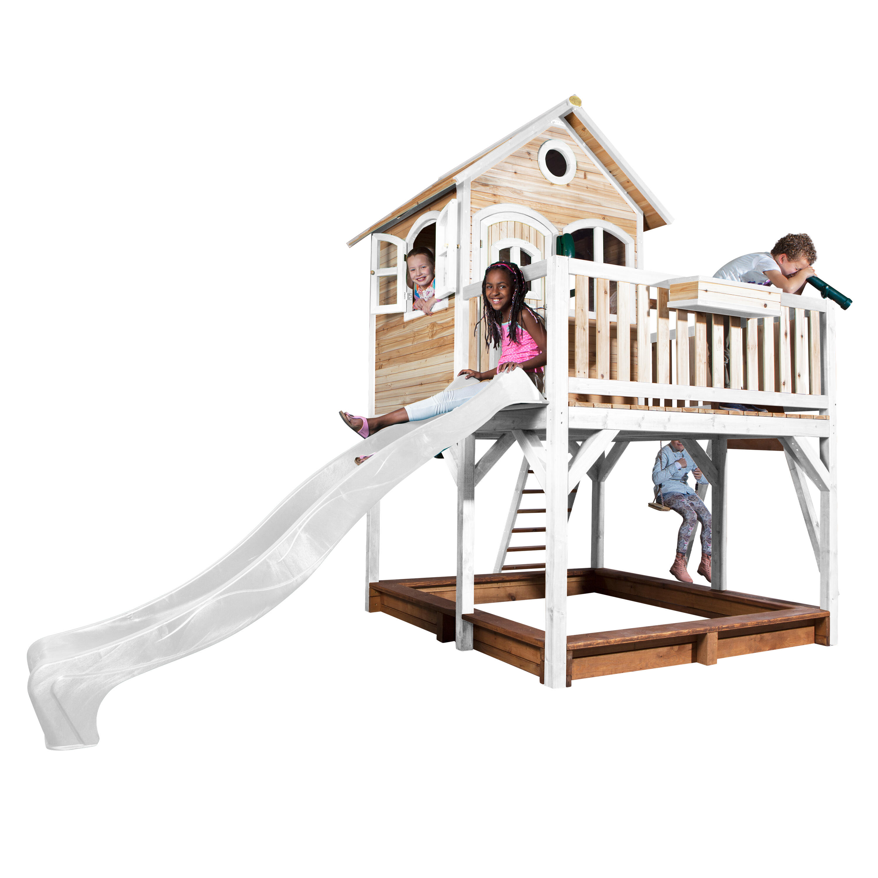 Maisonnette en bois Liam Marron/Blanche avec 2 Balançoires - Toboggan Blanc 7/7