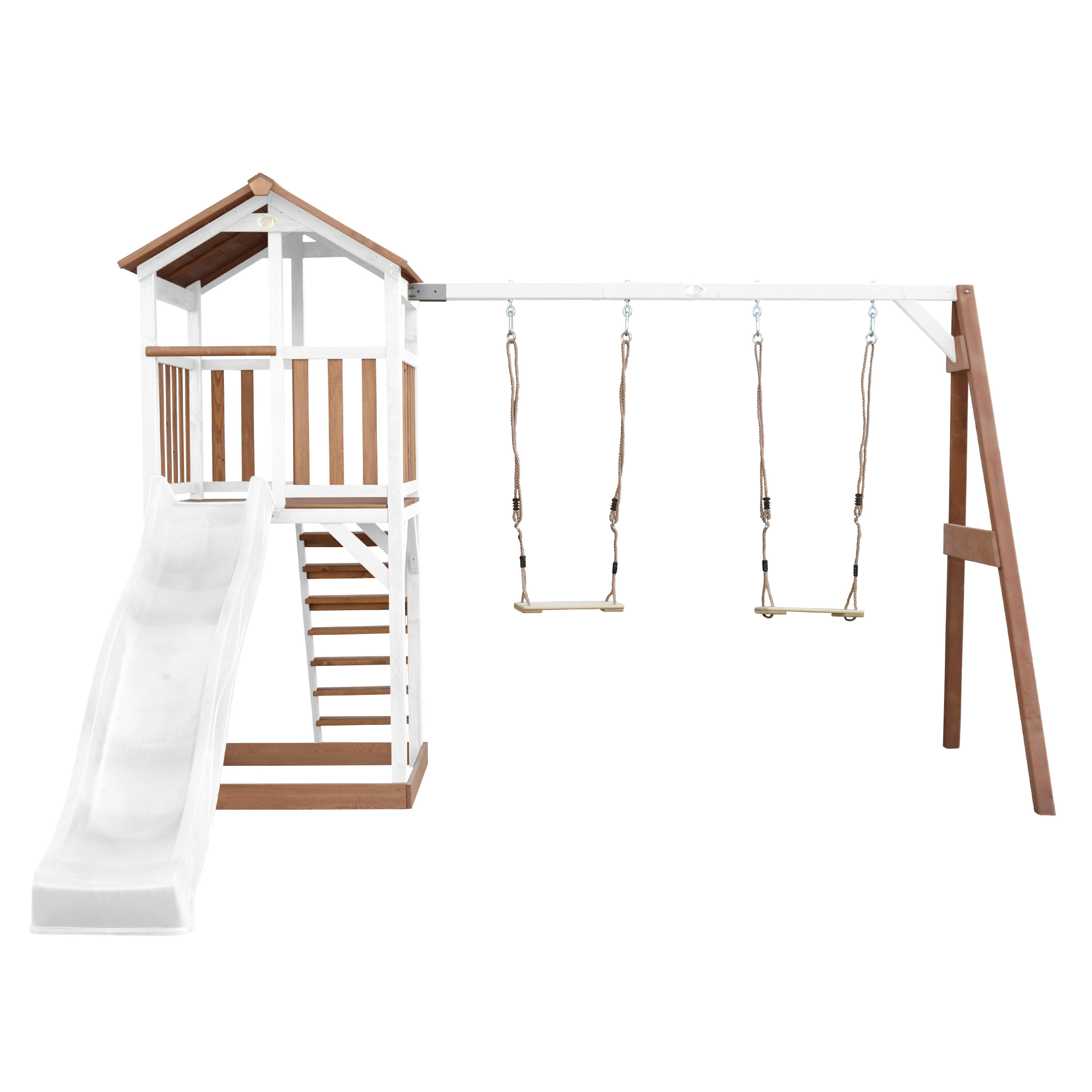 Aire de jeux Beach Tower Marron/Blanche avec 2 Balançoires - Toboggan Blanc 5/7
