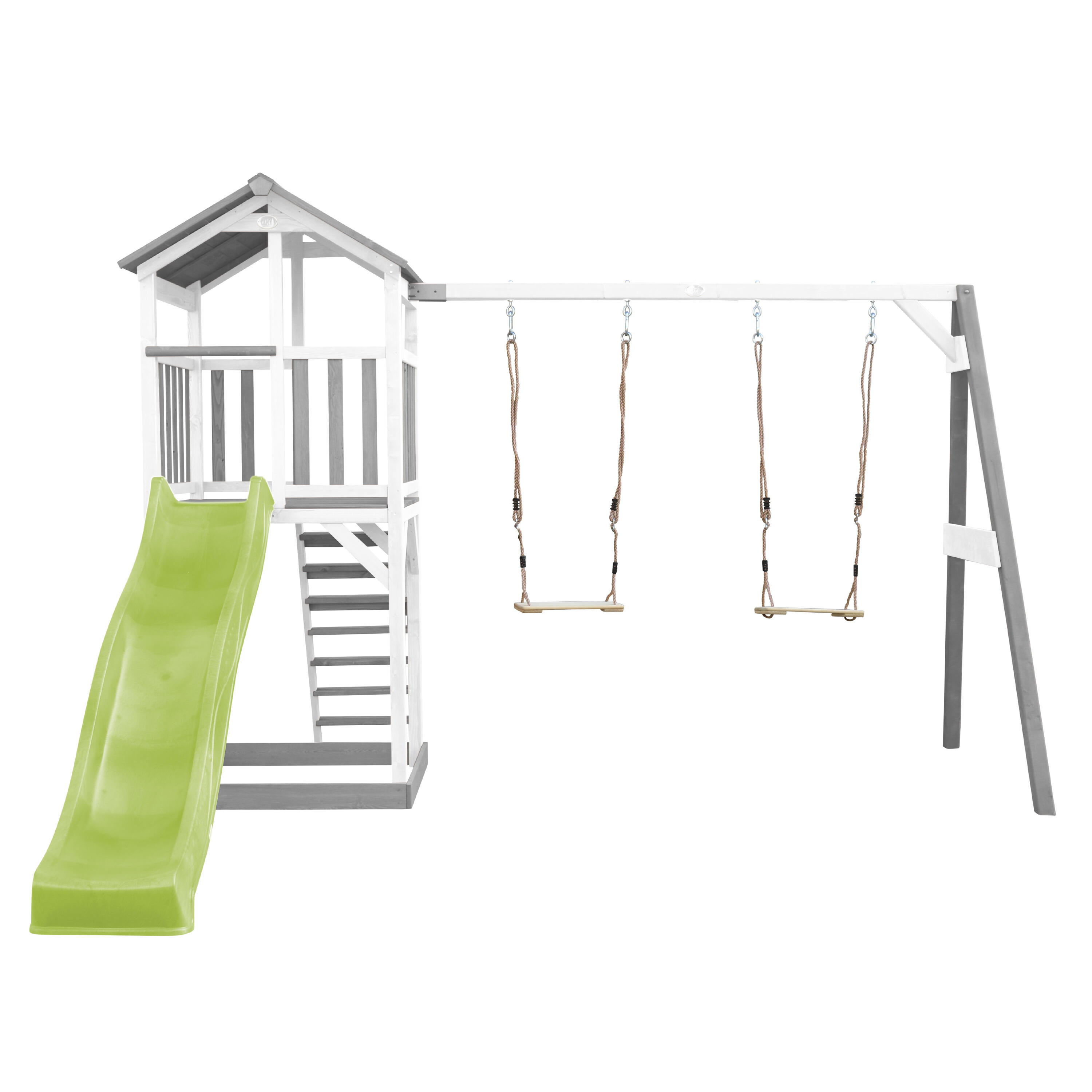 Aire de jeux Beach Tower Grise/Blanche avec 2 Balançoires - Toboggan Vert 5/7
