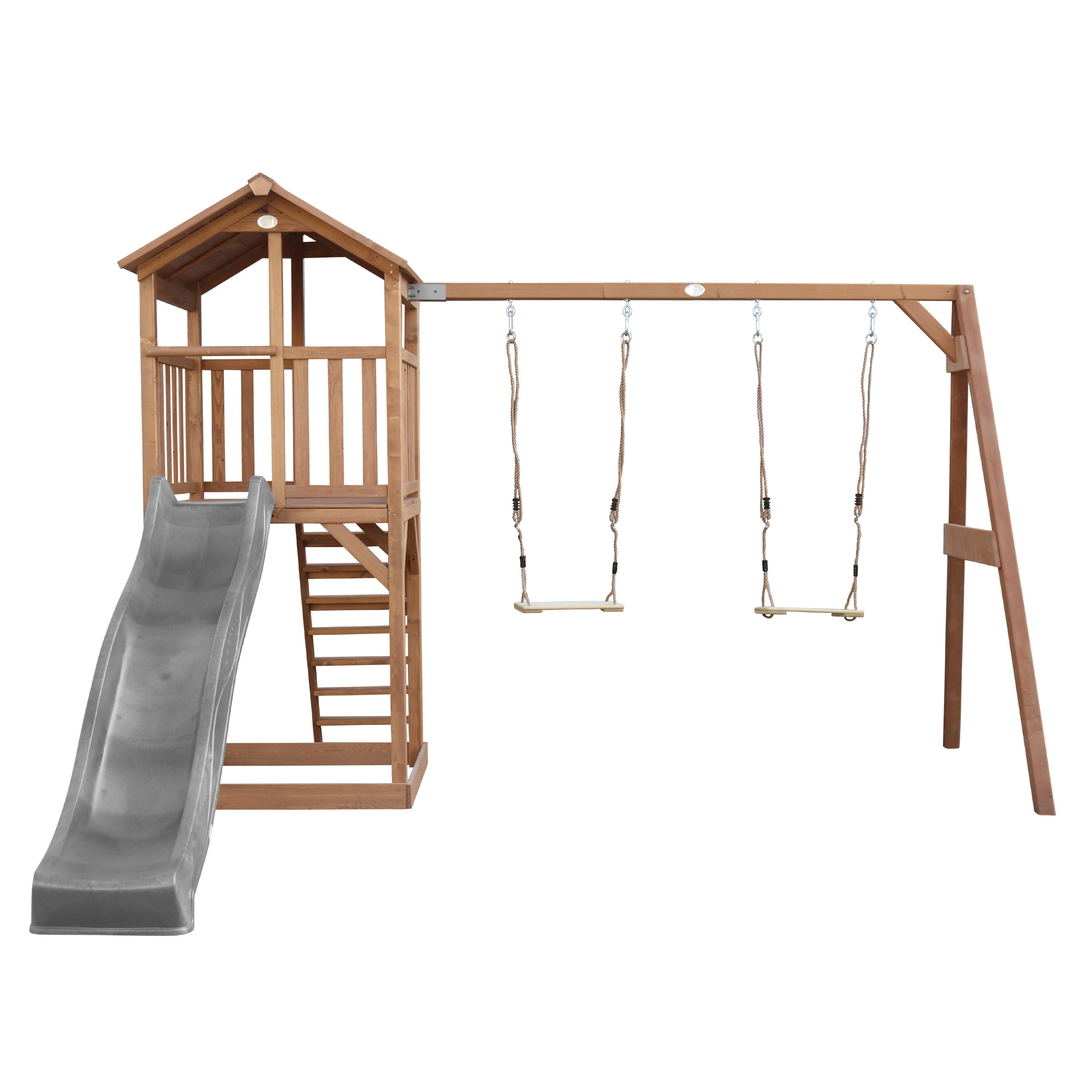 Aire de jeux Beach Tower Marron avec 2 Balançoires - Toboggan Gris 5/7