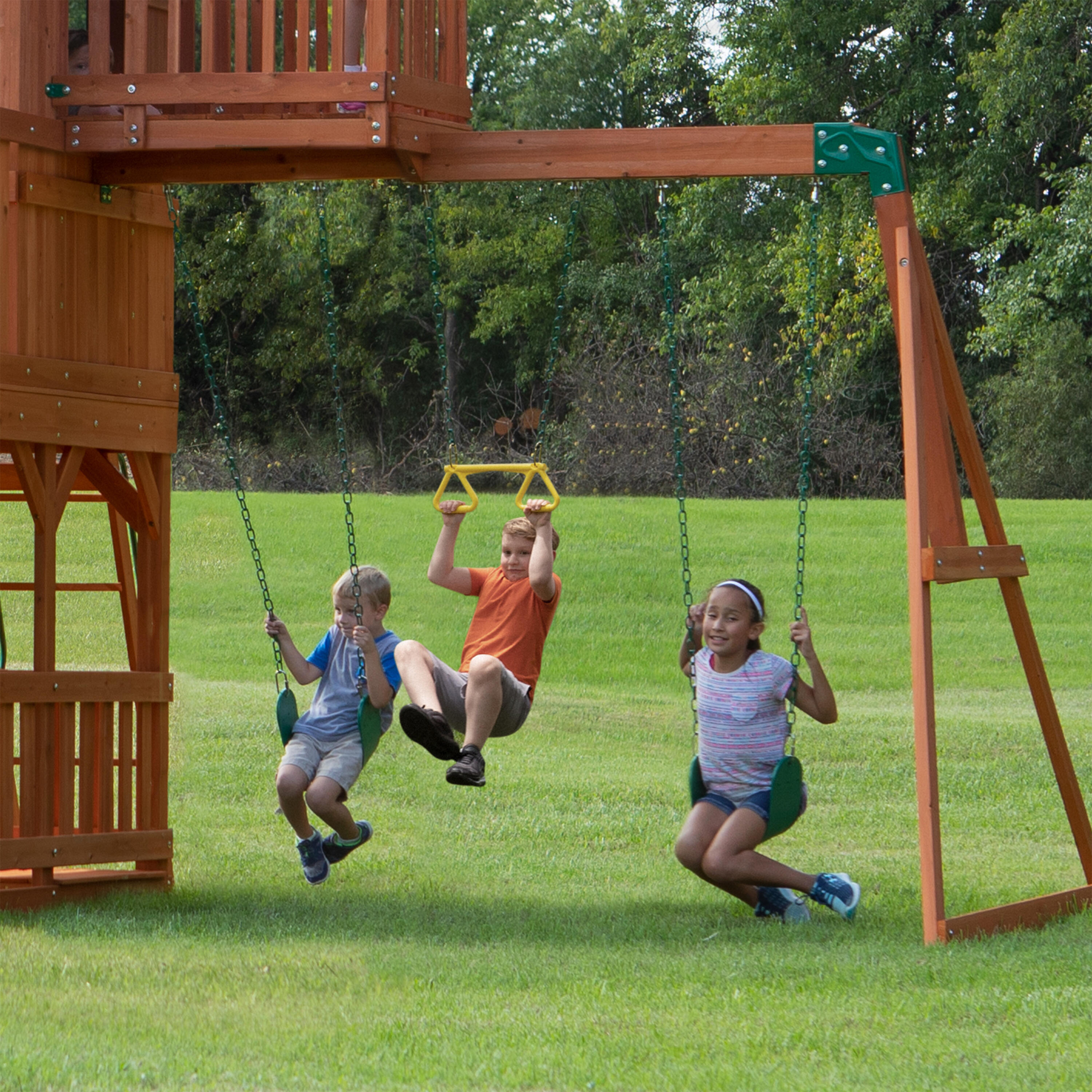 Parque Infantil de madera con columpios, trapecio, tobogán, Skyfort II 4/7