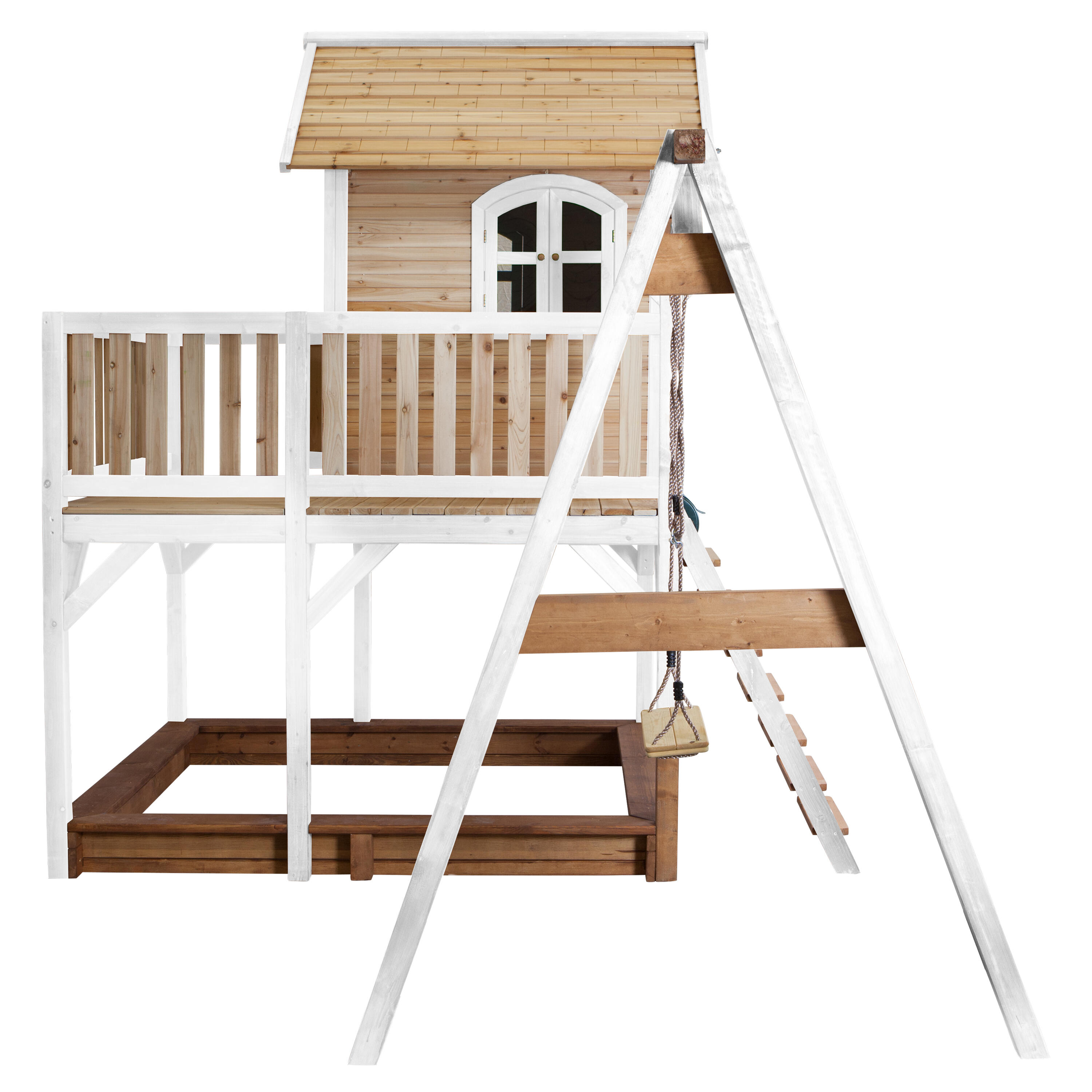 Maisonnette en bois Liam Marron/Blanche avec 1 Balançoire - Toboggan Gris 5/7