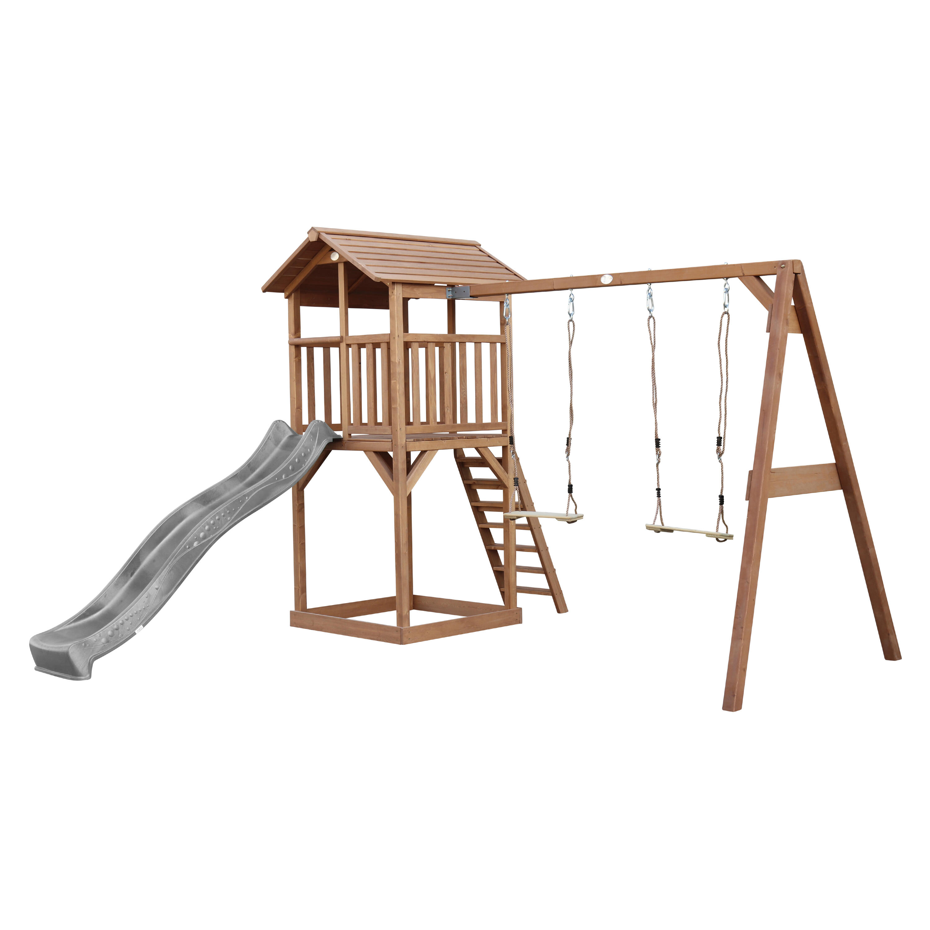 Aire de jeux Beach Tower Marron avec 2 Balançoires - Toboggan Gris 2/7
