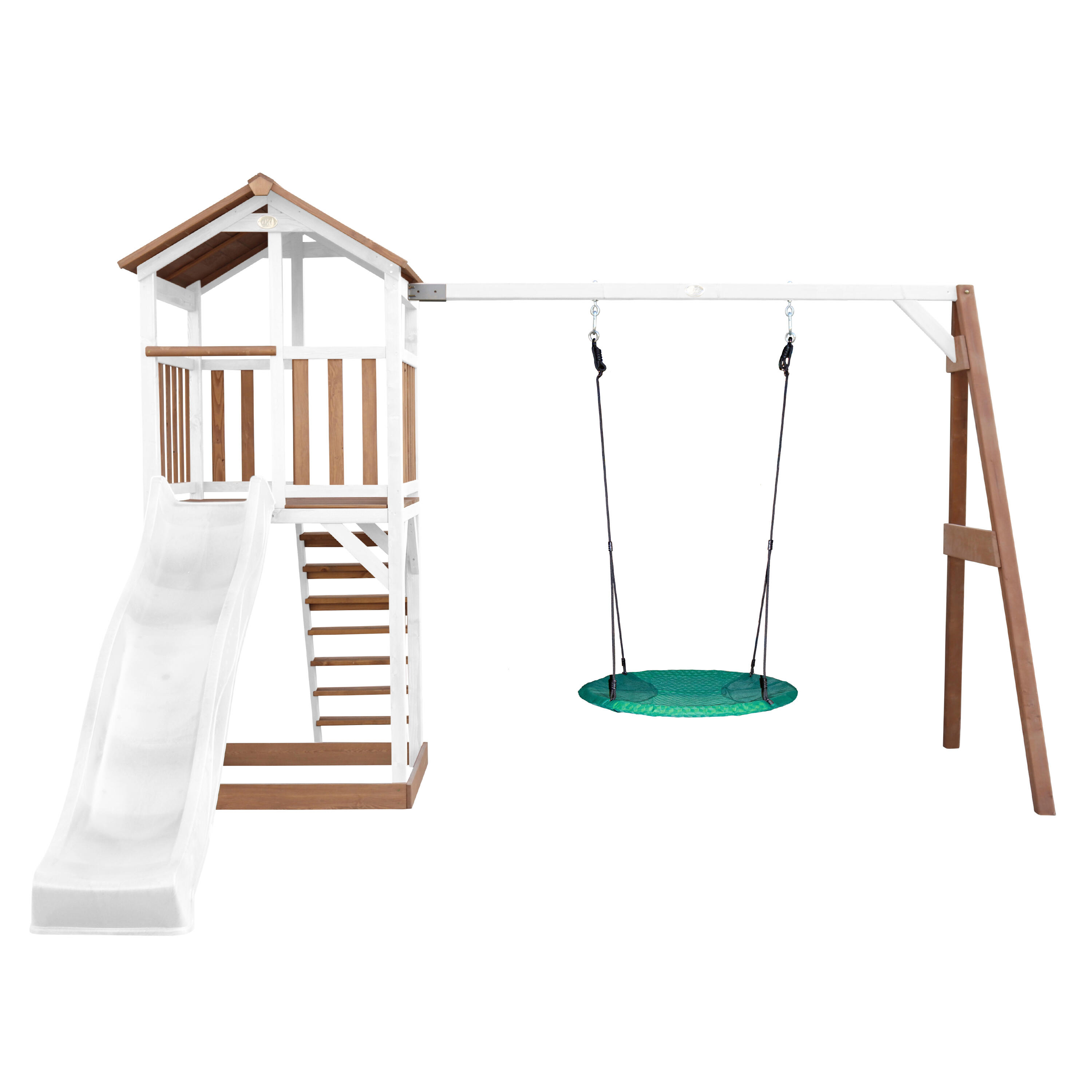 Aire de jeux Beach Tower Marron/Blanche, Balançoire, Toboggan Blanc 2/7
