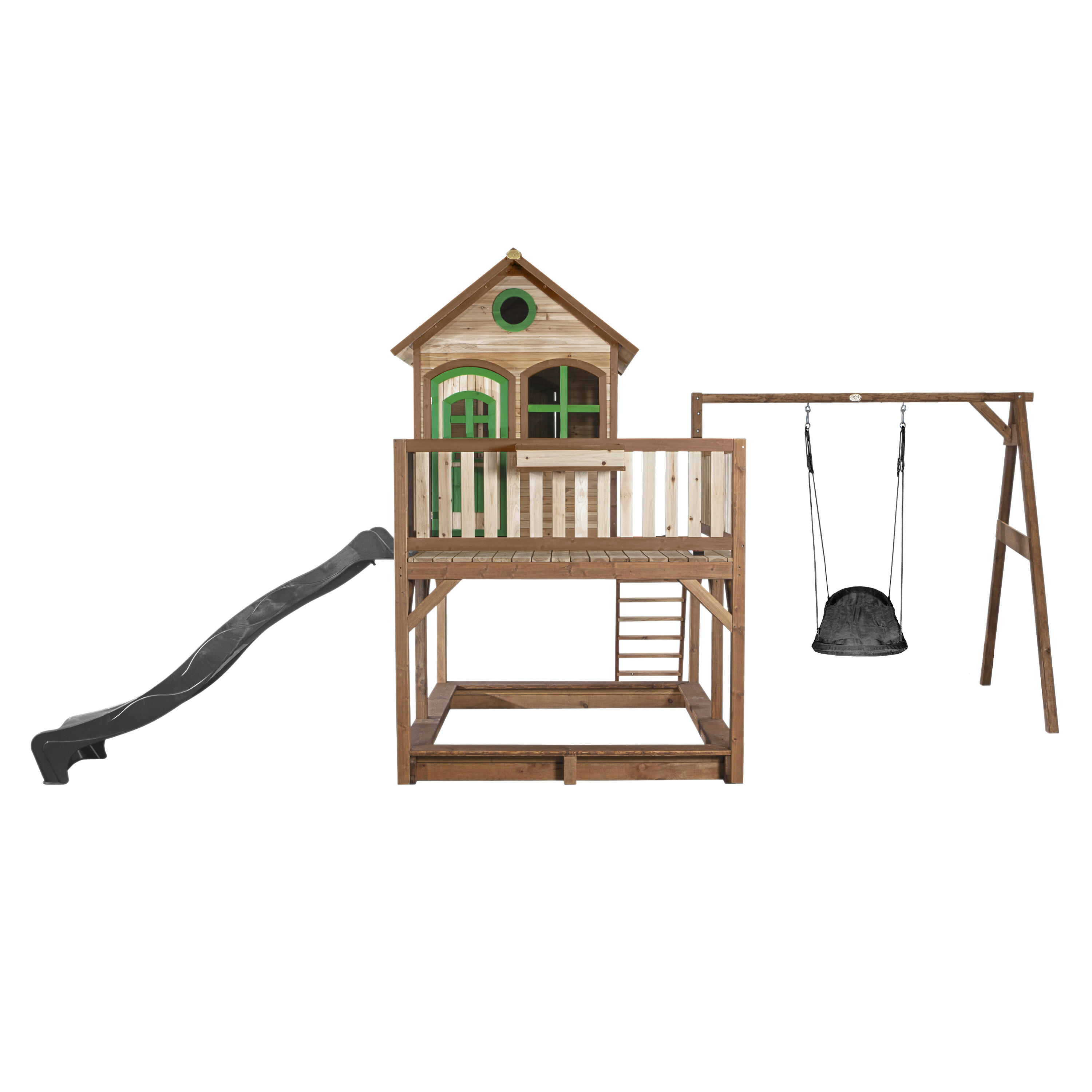 Maisonnette en bois Liam, Bac à Sable, Balançoire et Toboggan Gris 2/7