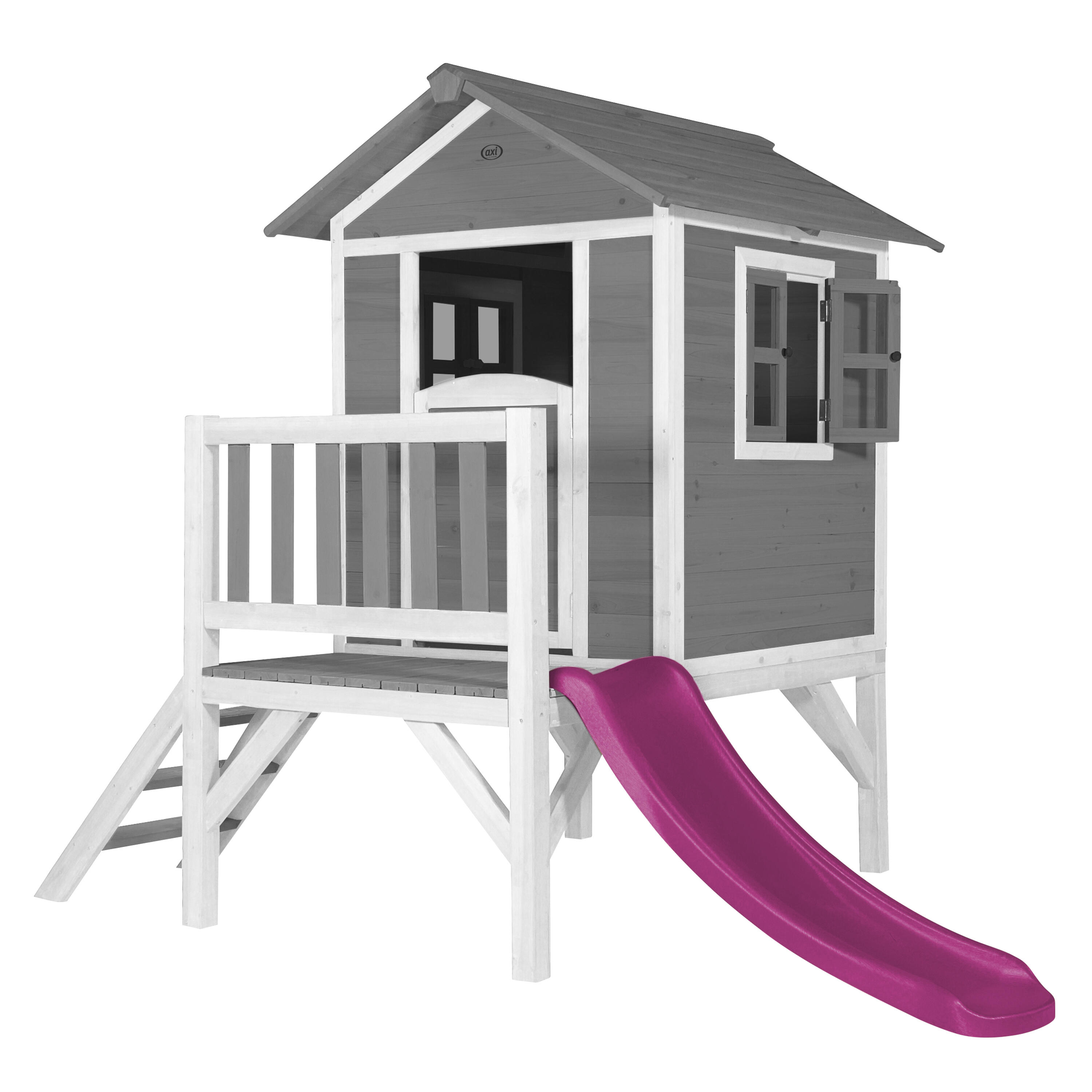 AXI AXI Beach Lodge XL Casa de madera para niños gris con tobogán púrpura