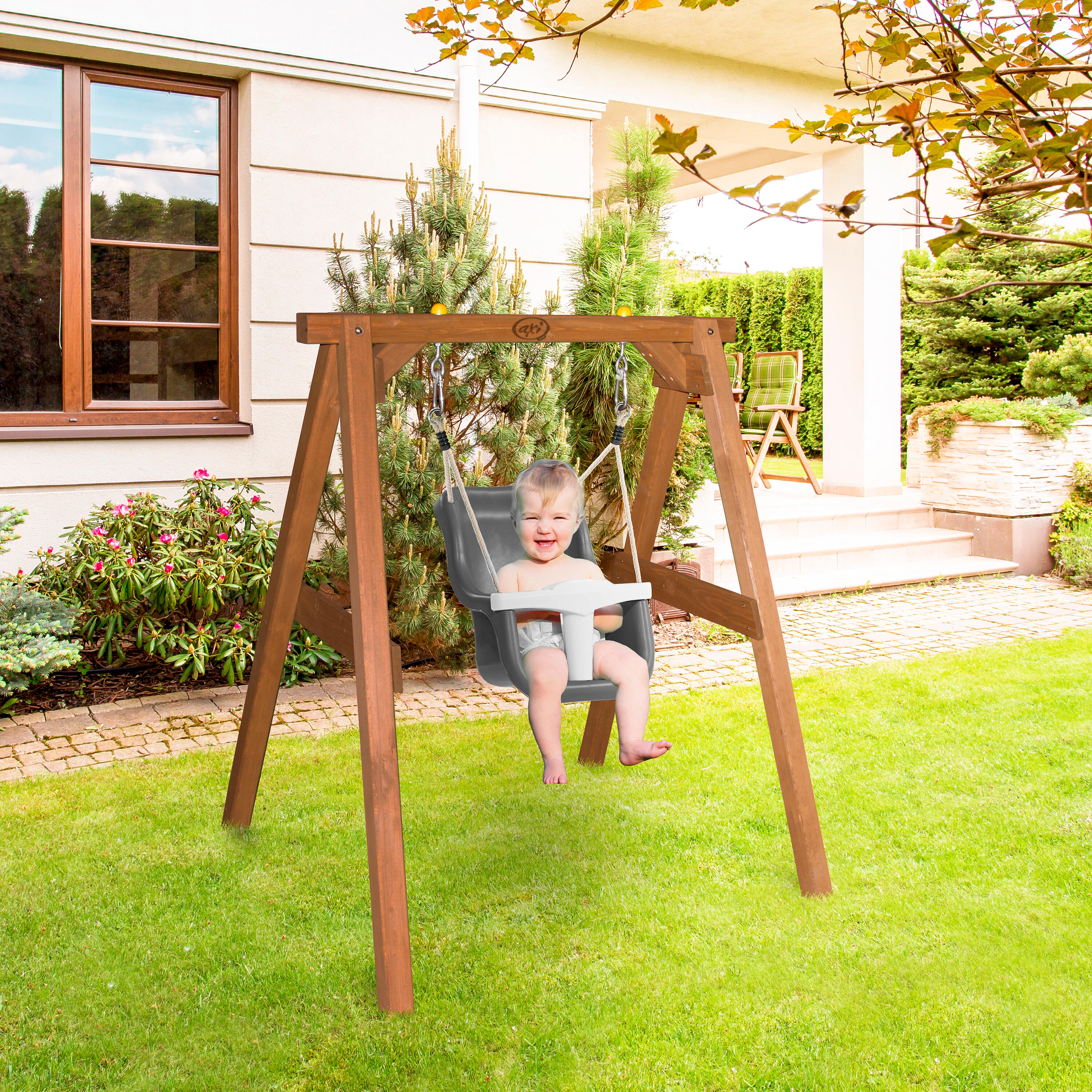 Holzschaukel Braun - Babyschaukel, Schaukel Grau/Weiß 7/7