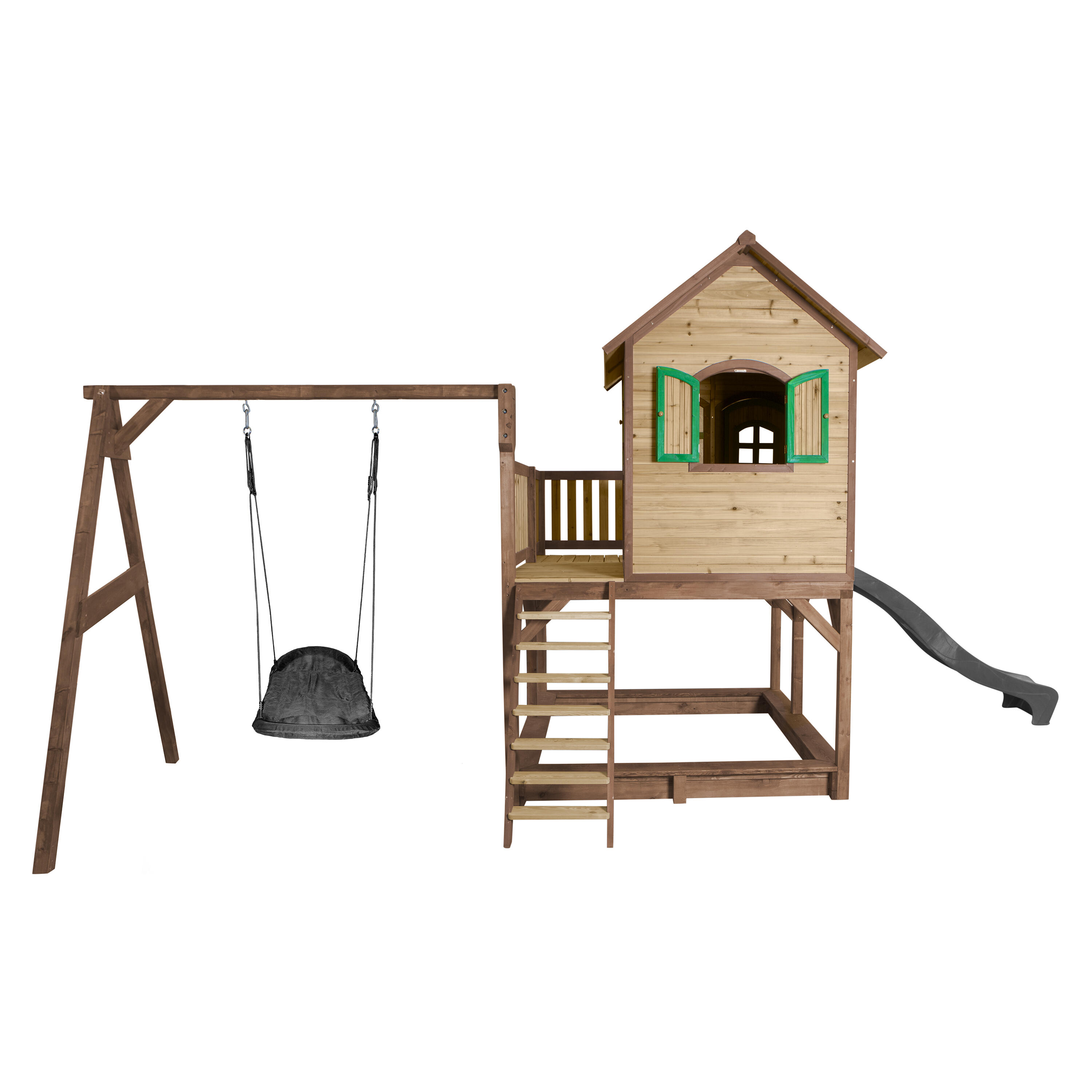 Maisonnette en bois Liam, Bac à Sable, Balançoire et Toboggan Gris 5/7