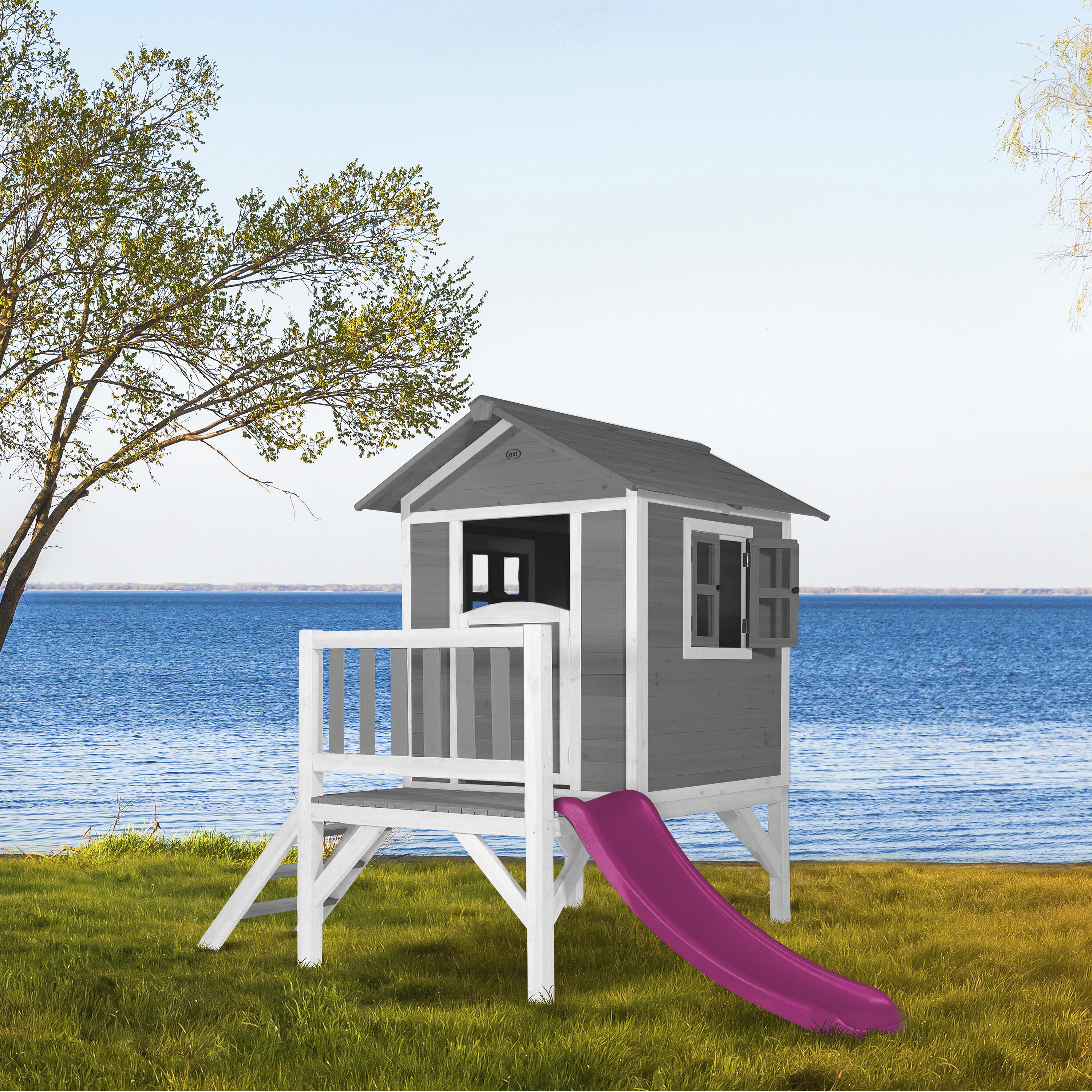 Maisonnette en bois Lodge XL Grise - Toboggan Violet 7/7
