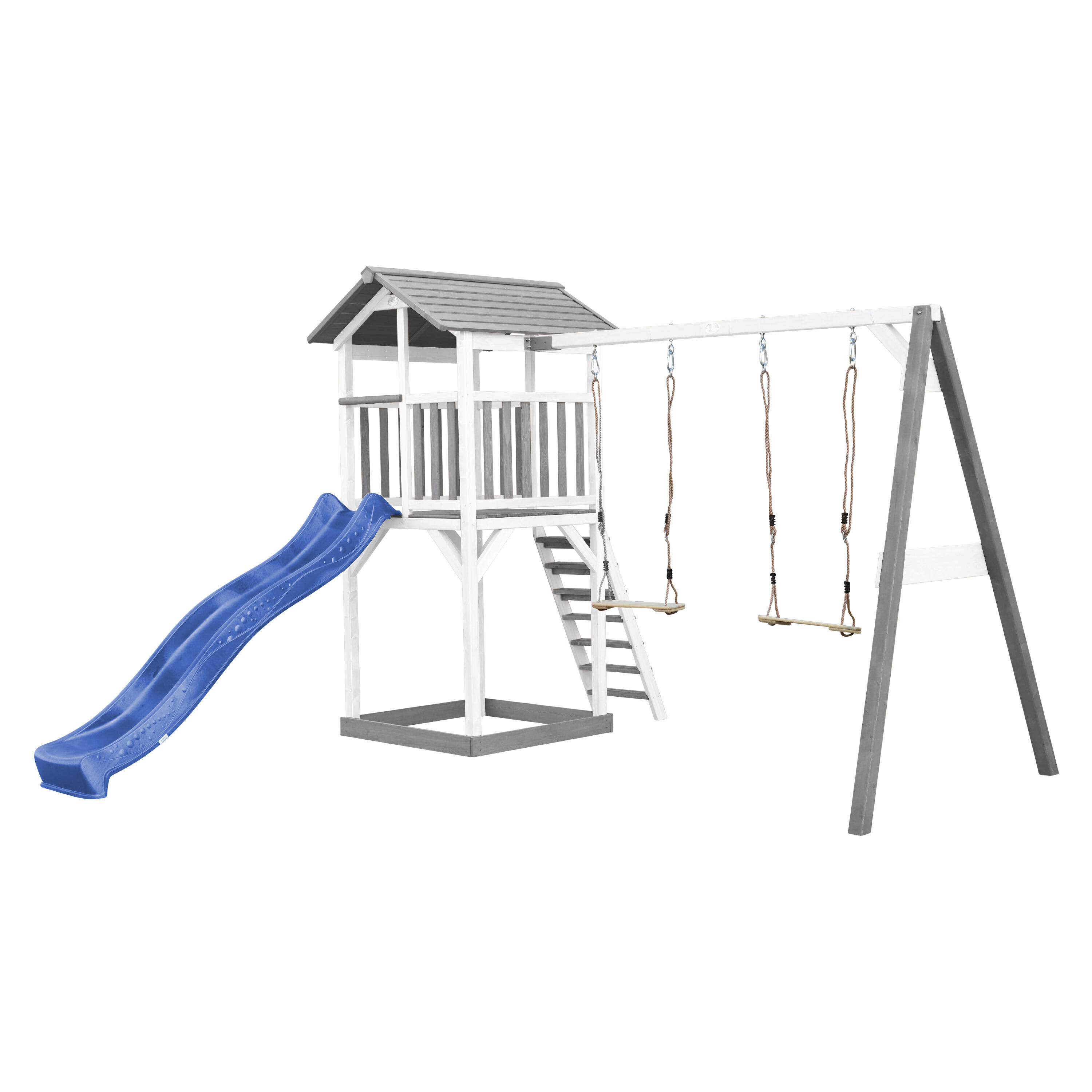 Aire de jeux Beach Tower Grise/Blanche avec 2 Balançoires - Toboggan Bleu 2/7