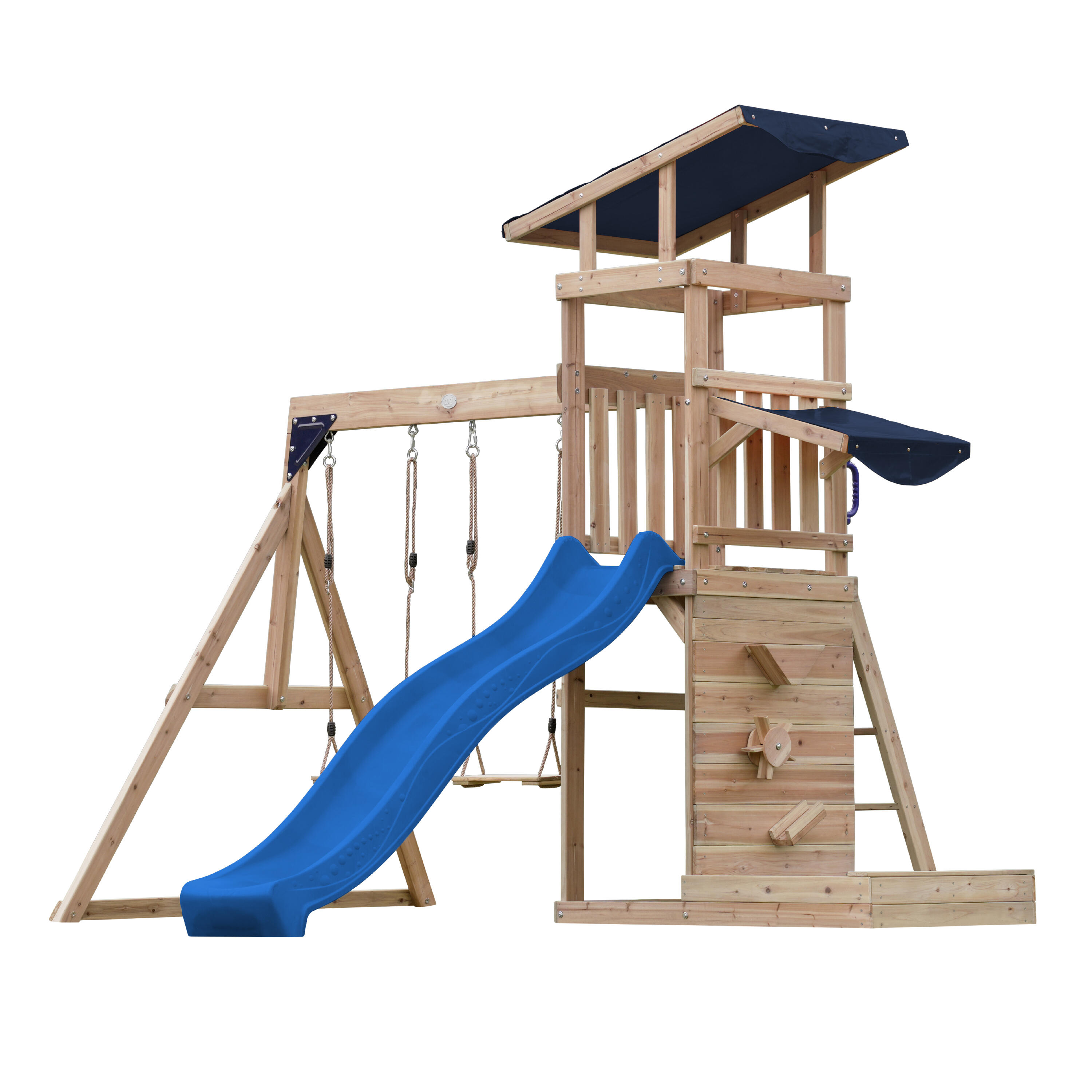 Aire de jeux Malik avec balançoire double marron - toboggan bleu 2/7