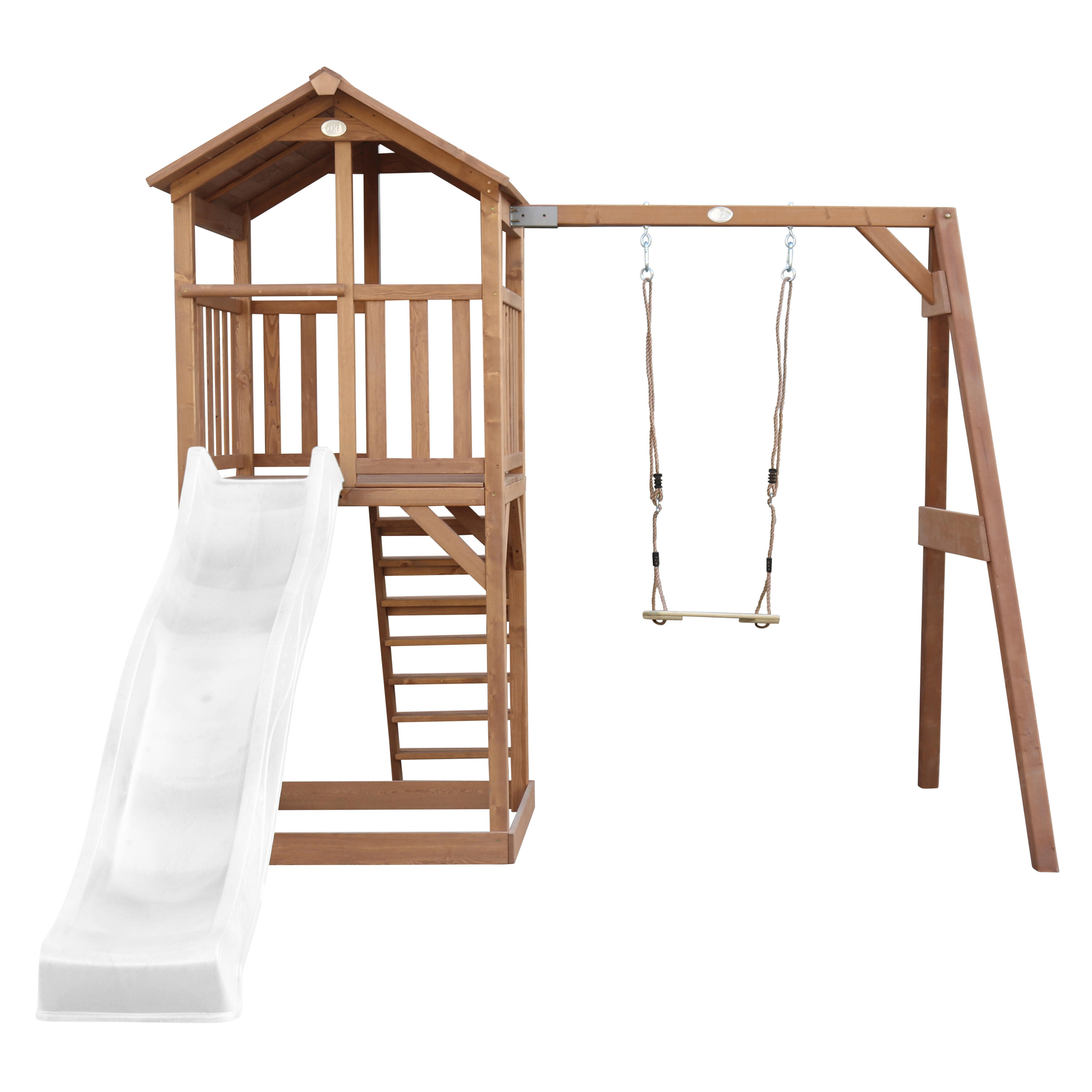 Aire de jeux Beach Tower Marron avec 1 Balançoire - Toboggan Blanc 5/7