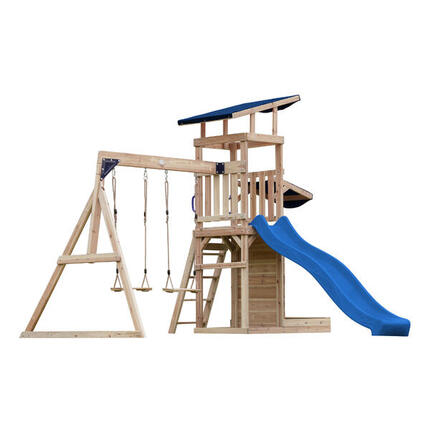Aire de jeux Malik avec balançoire double marron - toboggan gris
