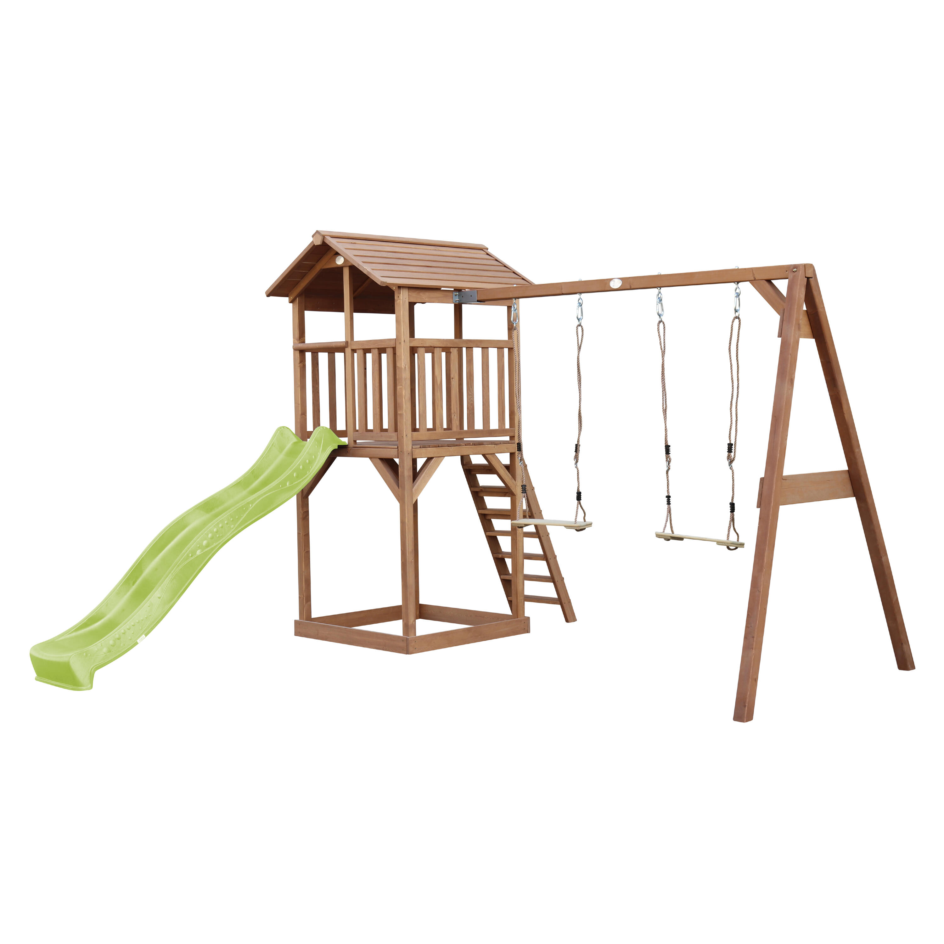 Aire de jeux Beach Tower Marron avec 2 Balançoires - Toboggan Vert Citron 2/7