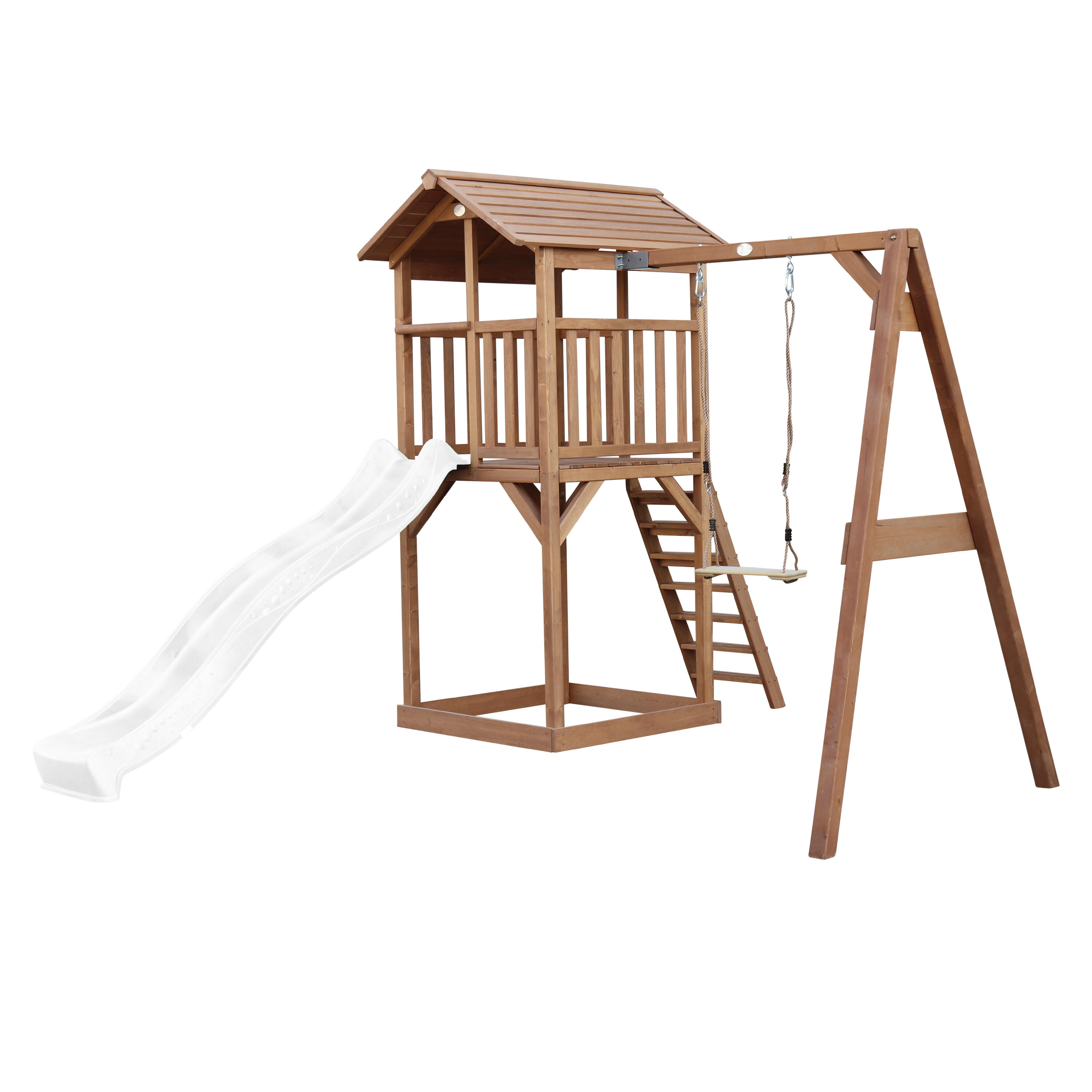 Aire de jeux Beach Tower Marron avec 1 Balançoire - Toboggan Blanc 2/7