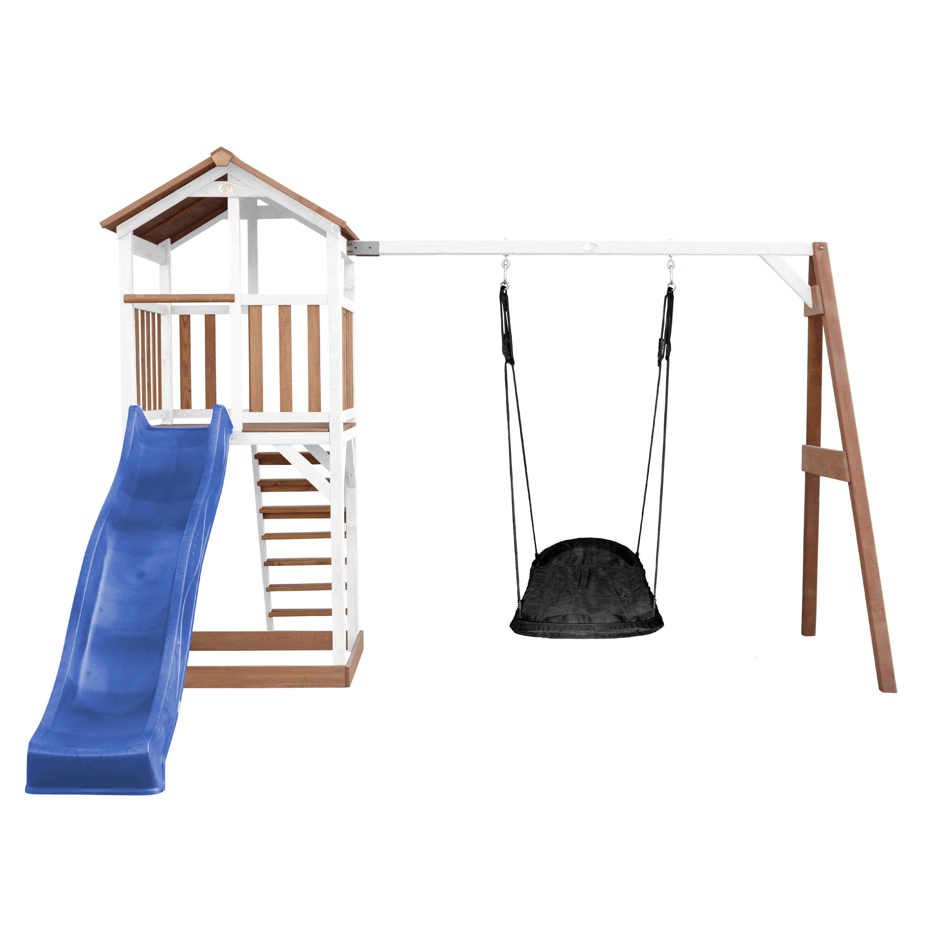 Aire de jeux Beach Tower Marron/Blanche, Toboggan Bleu, Balançoire 2/7