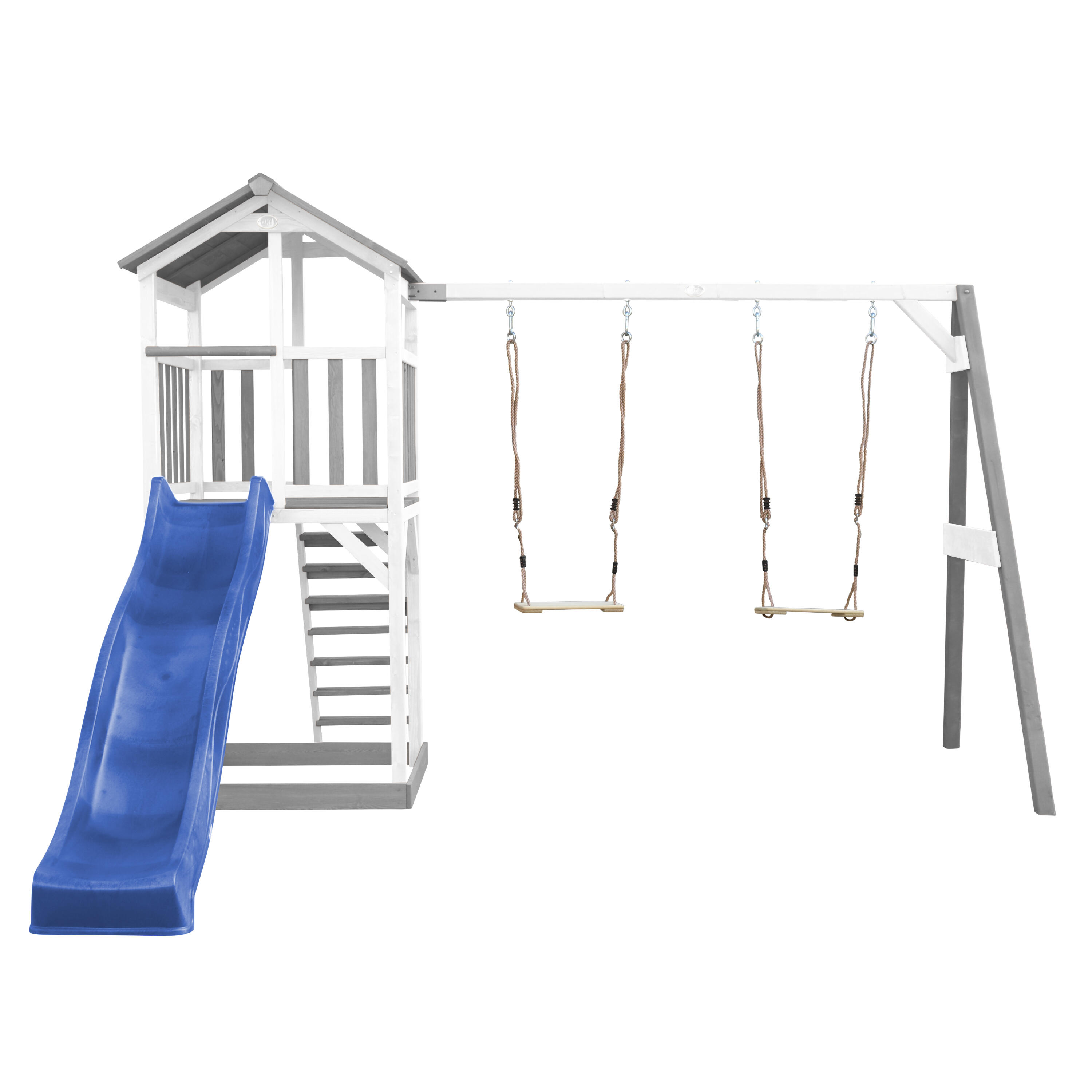 Aire de jeux Beach Tower Grise/Blanche avec 2 Balançoires - Toboggan Bleu 5/7