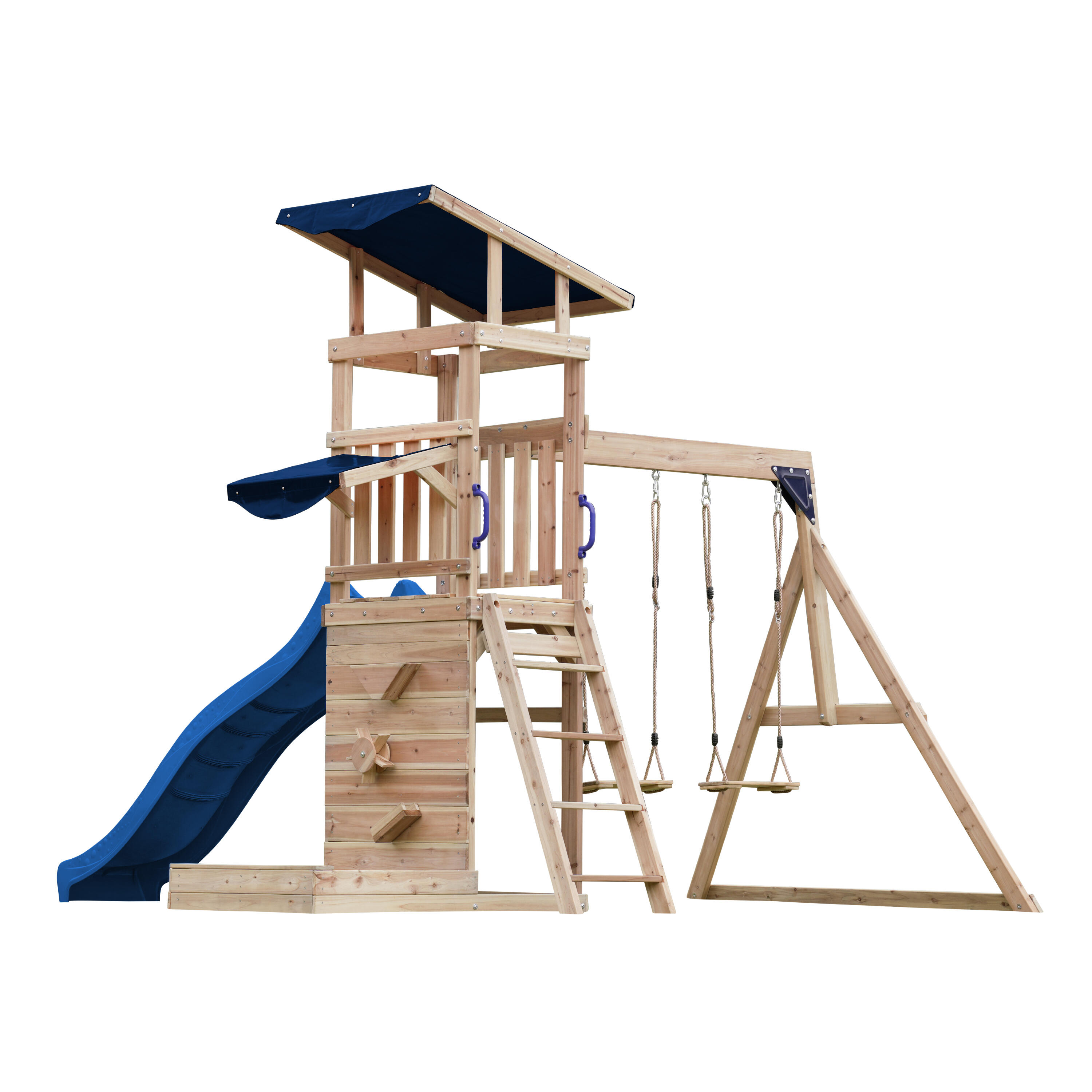 Aire de jeux Malik avec balançoire double marron - toboggan bleu 7/7