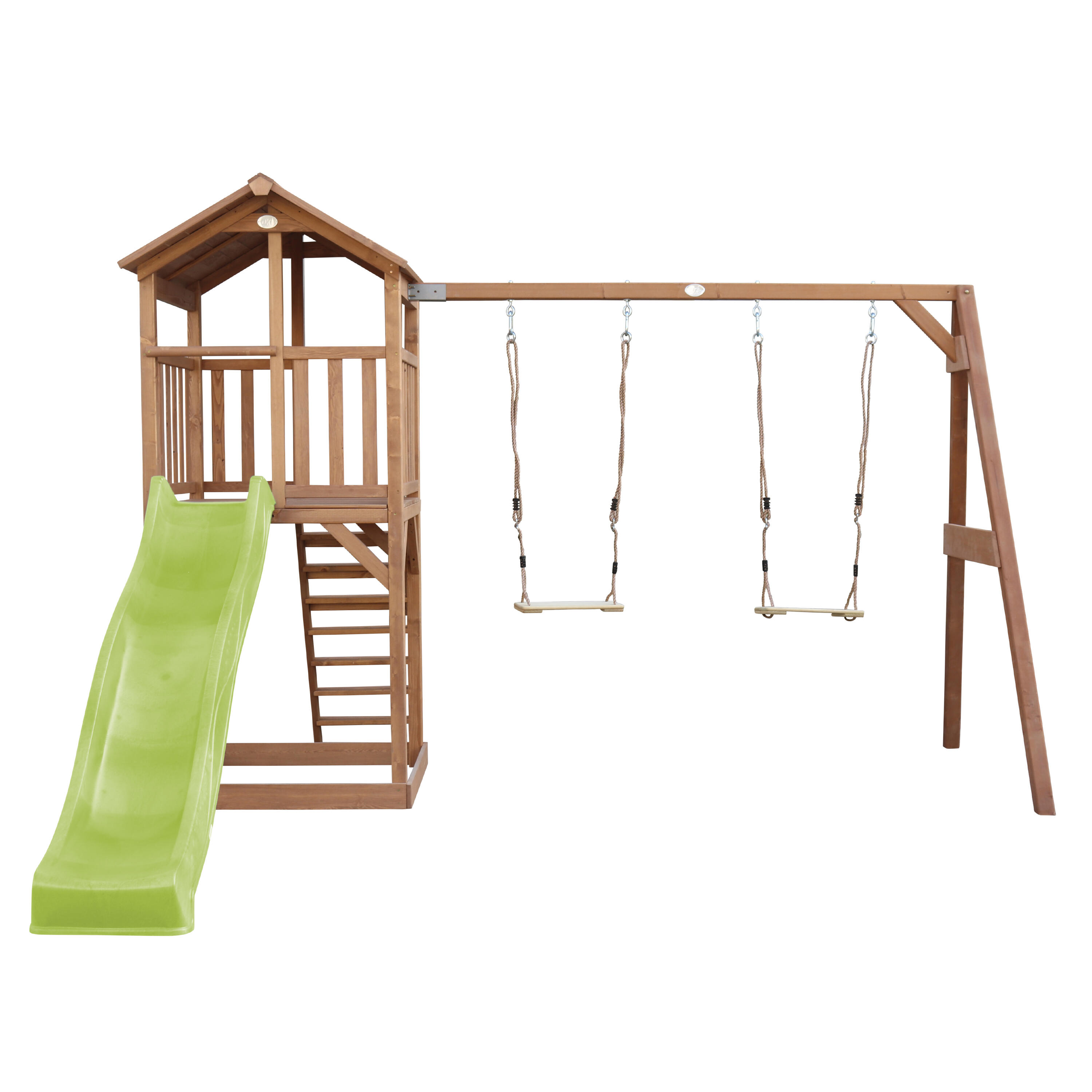 Aire de jeux Beach Tower Marron avec 2 Balançoires - Toboggan Vert Citron 5/7
