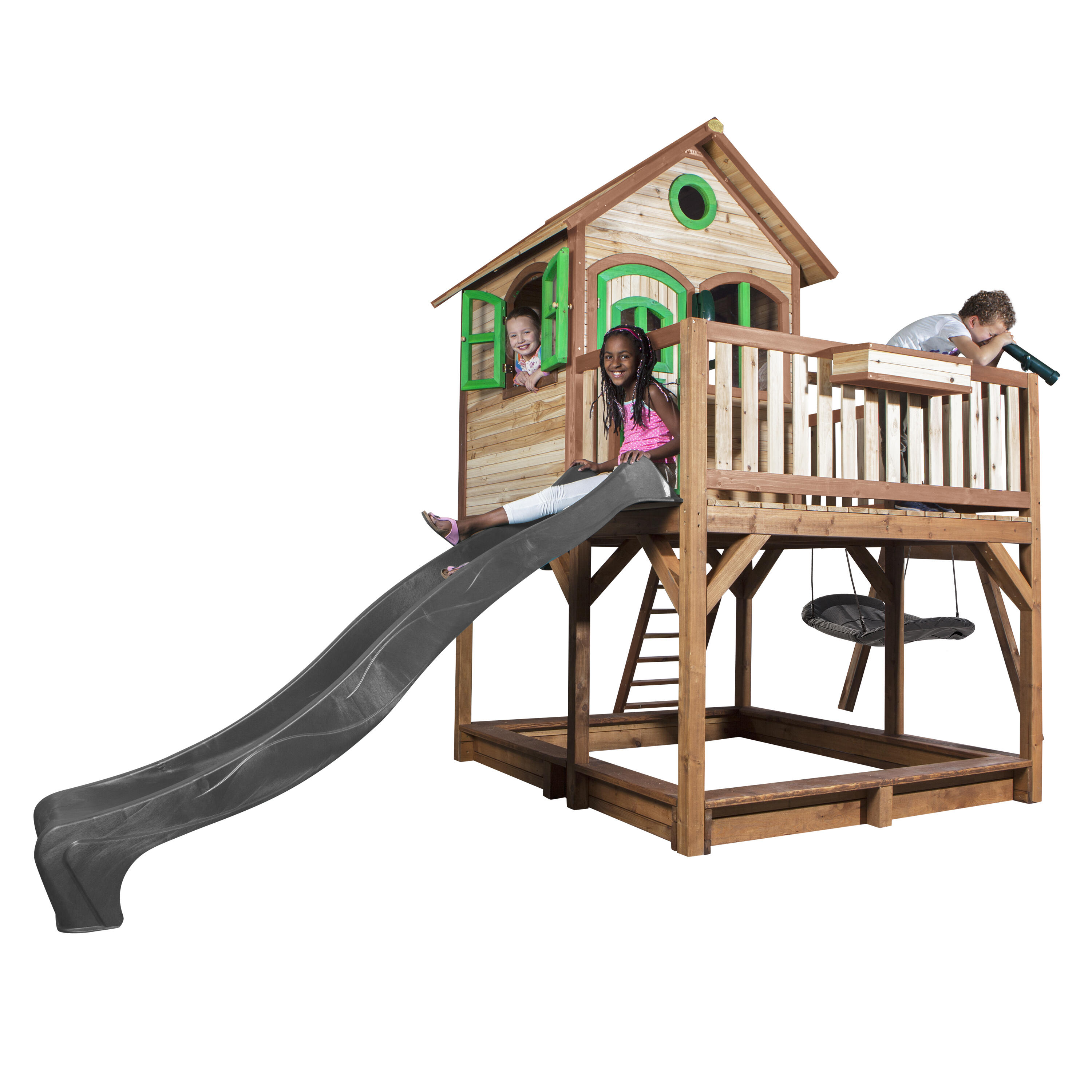 Maisonnette en bois Liam, Bac à Sable, Balançoire et Toboggan Gris 7/7