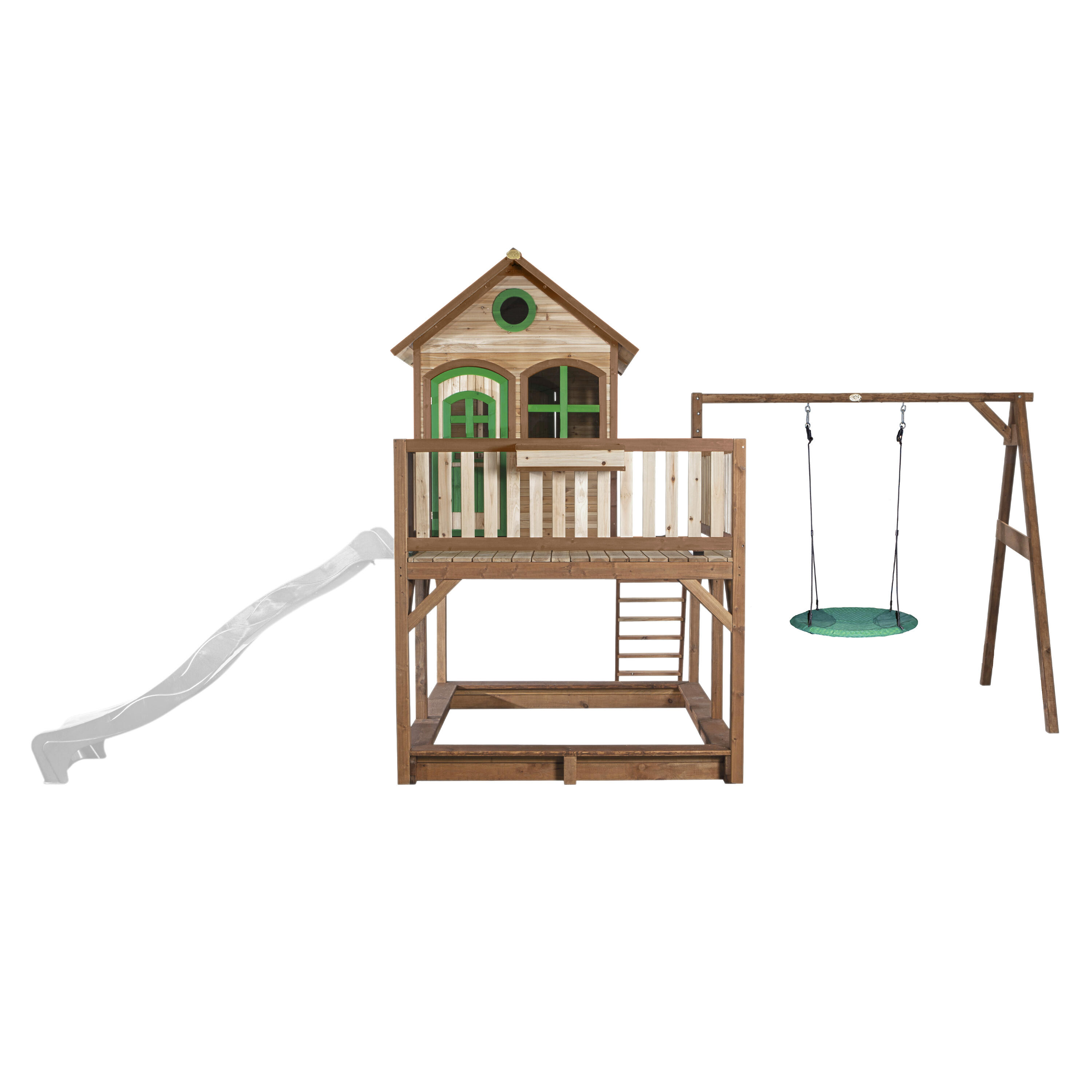 Maisonnette en bois Liam, Bac à Sable, Balançoire et Toboggan Blanc 2/7