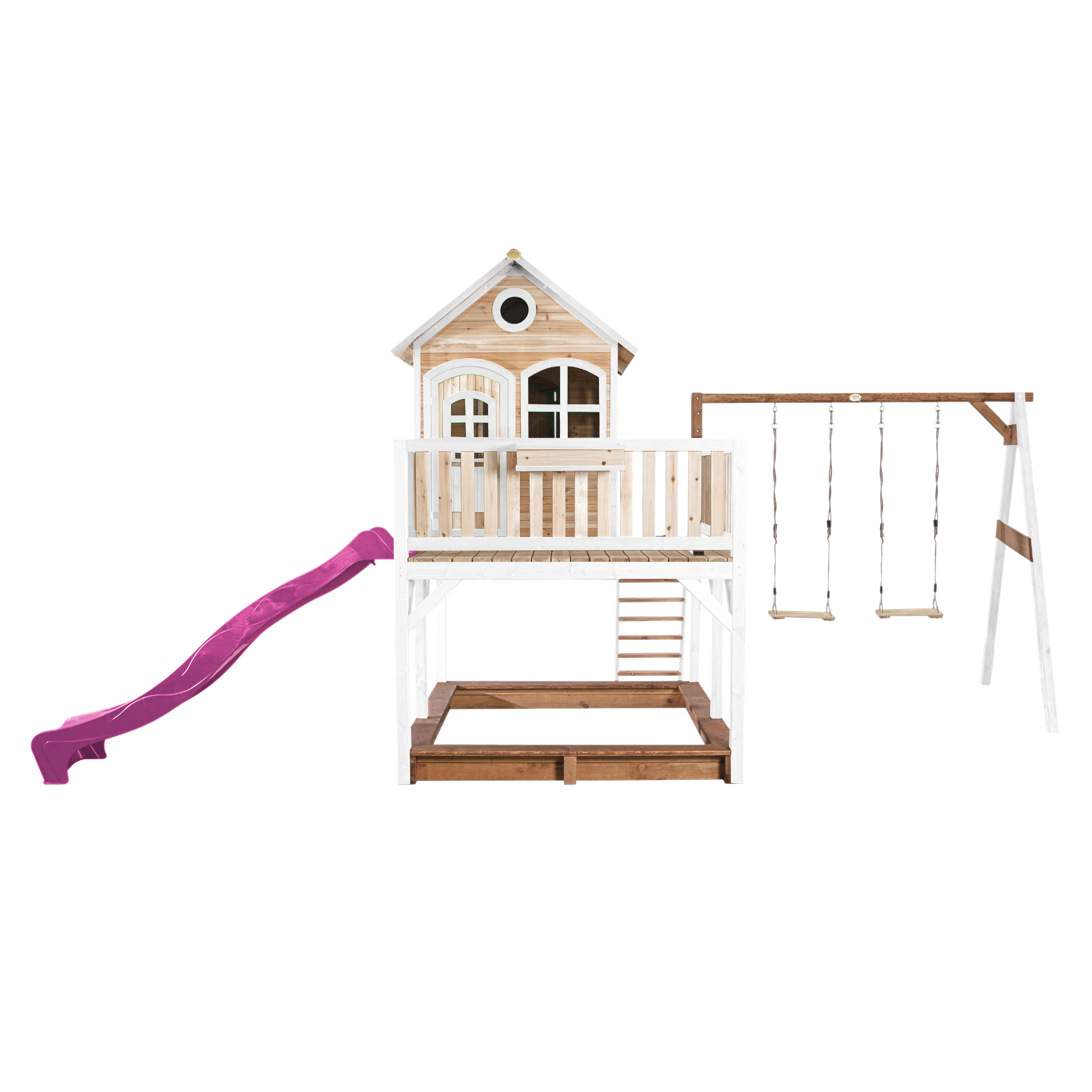 Maisonnette en bois Liam Marron/Blanche avec 2 Balançoires - Toboggan Violet 2/7