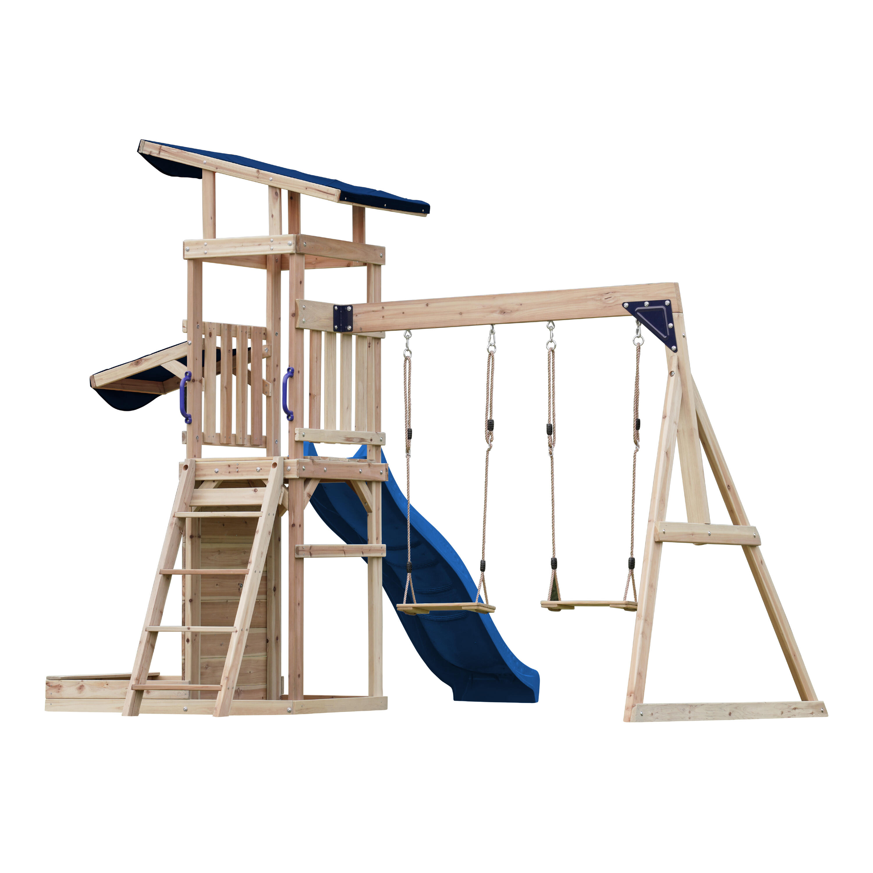 Aire de jeux Malik avec balançoire double marron - toboggan bleu 6/7